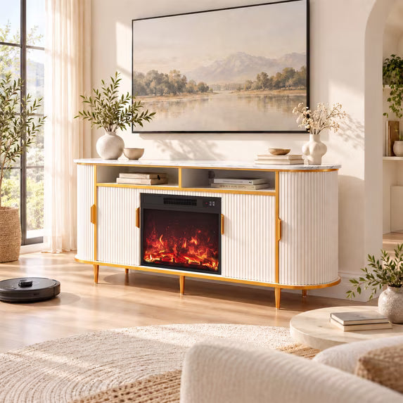 Treevan 68 in Wide TV Stand for TVs up to 75 in, Fluted Media Console with Faux Marble Top and Electric Fireplace for Living Room