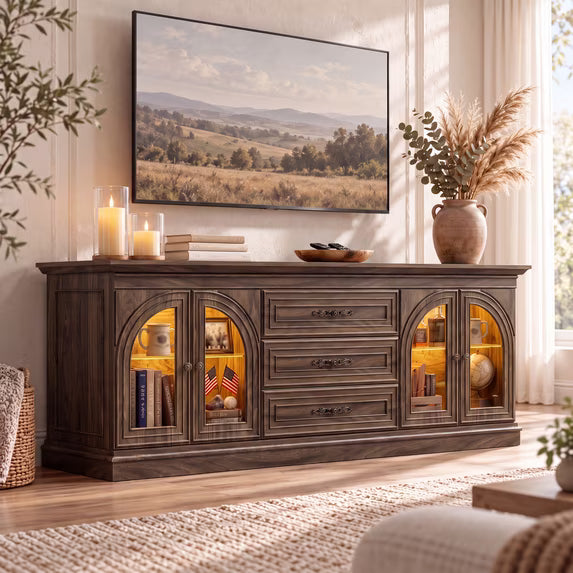 Treevan 63 in Arched Glass TV Stand with 3 Drawers for TVs up to 70 in, Media Console with 20 Color LED for Living Room