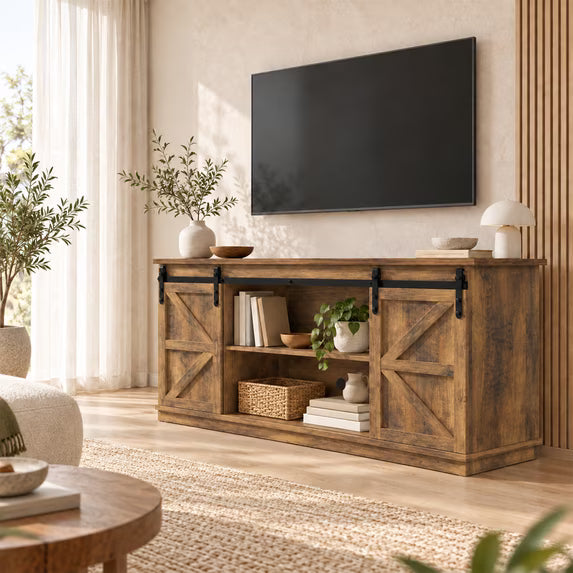 Treevan 58 in Sliding Barn Door TV Stand for TVs up to 65 in, Media Console with Open Shelves for Living Room