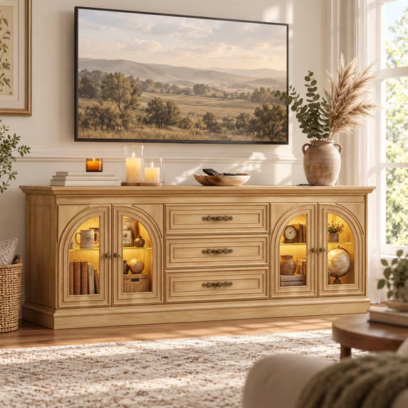 Treevan 63 in Arched Glass TV Stand with 3 Drawers for TVs up to 70 in, Media Console with 20 Color LED for Living Room