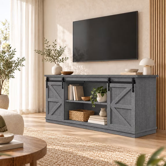 Treevan 58 in Sliding Barn Door TV Stand for TVs up to 65 in, Media Console with Open Shelves for Living Room