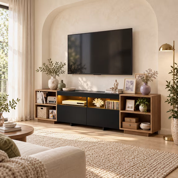 Treevan 70 in TV Stand with App Controlled LED Lights and Charging Station for TVs up to 75 in, Media Console with 2 Drawers for Living Room