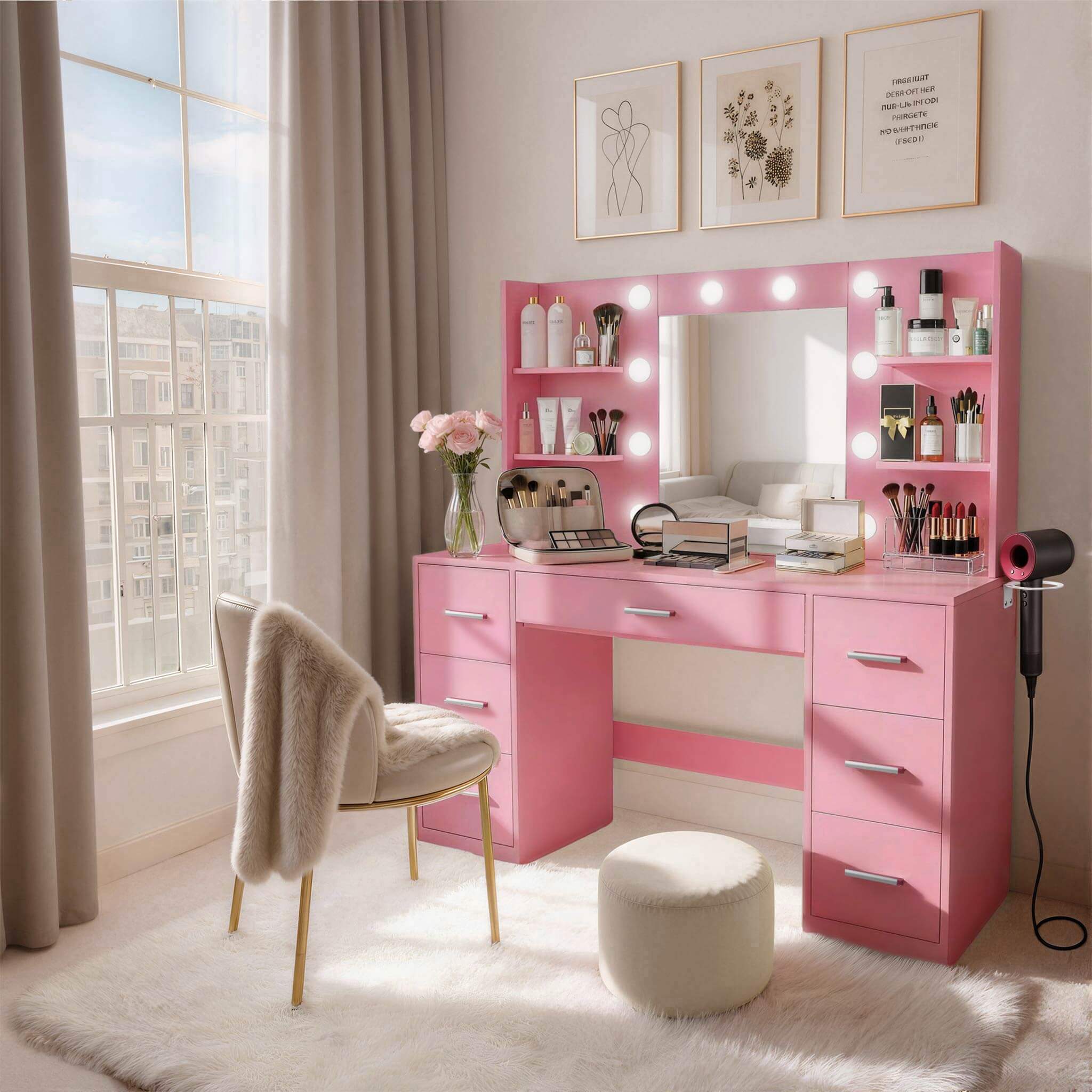 Light Pink Treevan Aura Vanity set with lighted mirror placed in a cozy bedroom setting.