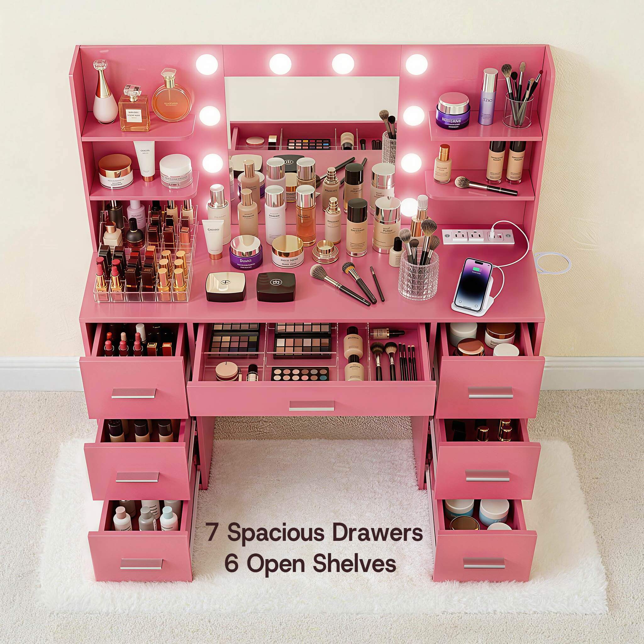 Rose Pink Treevan Aura large makeup desk featuring 7 spacious drawers and 6 open shelves.