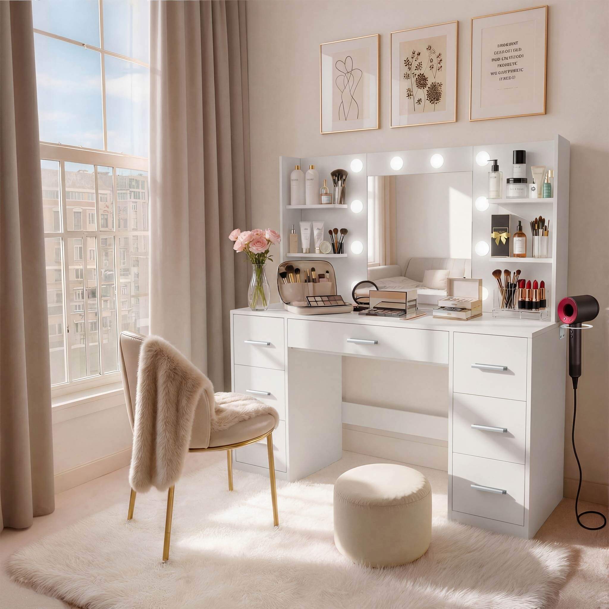 White Treevan modern vanity set with lighted mirror placed in a cozy bedroom setting.
