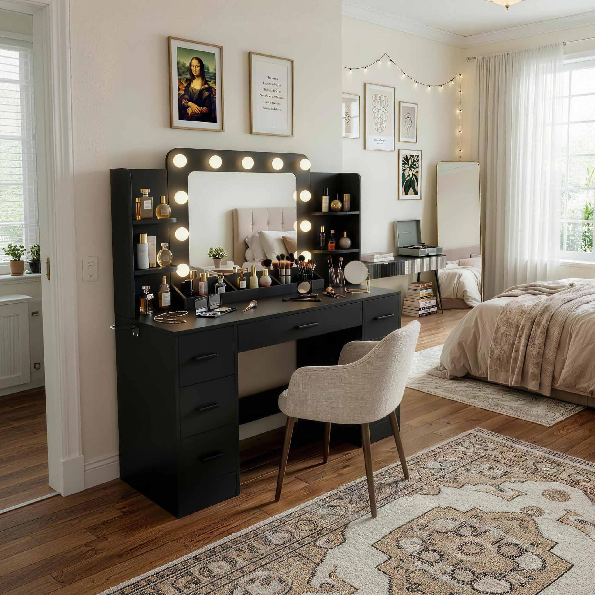 Black Treevan Aura Plus Vanity set with Hollywood lights placed in a modern bedroom setting.#color_black