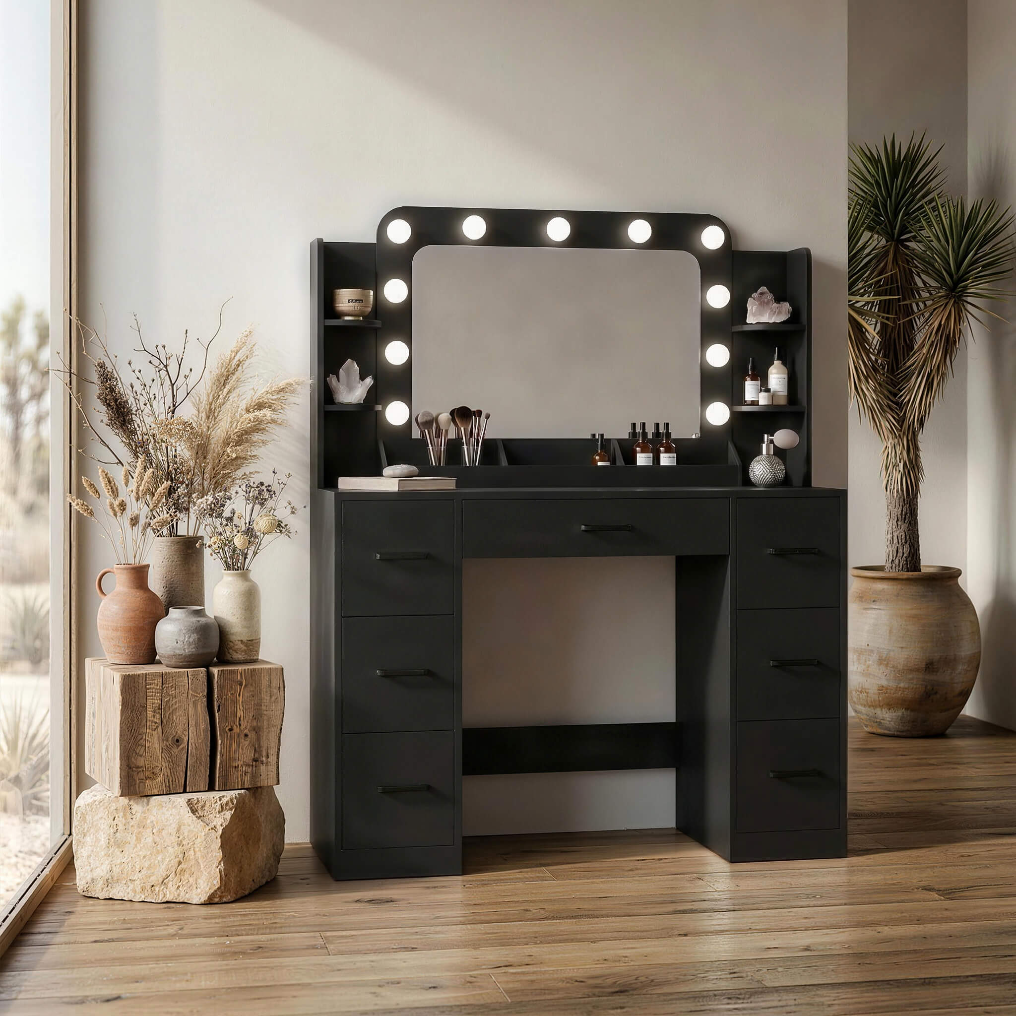 Black Treevan Aura Plus Vanity set with Hollywood lights placed in a modern bedroom setting.