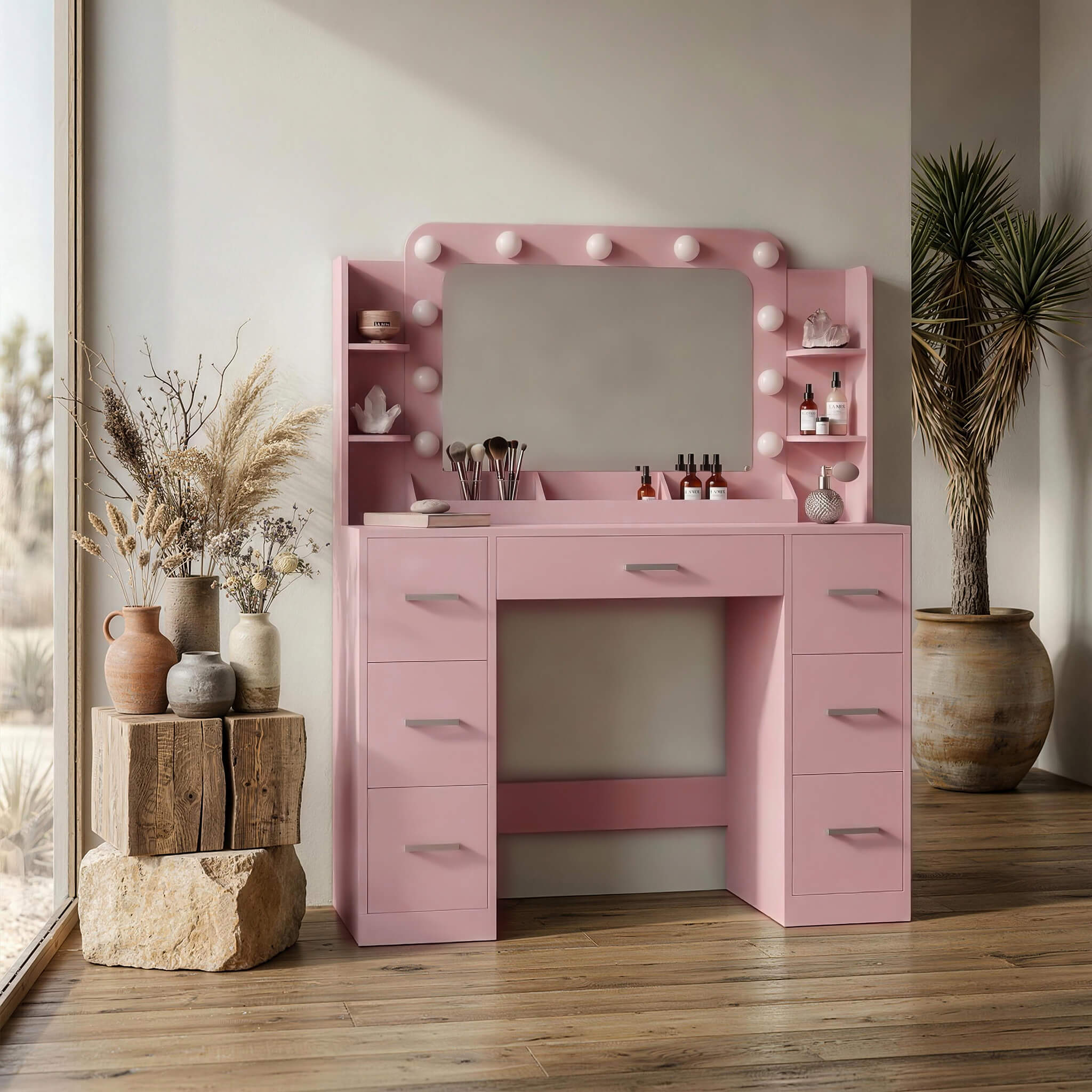 Light Pink Treevan Aura Plus Vanity set with Hollywood lights placed in a modern bedroom setting.
