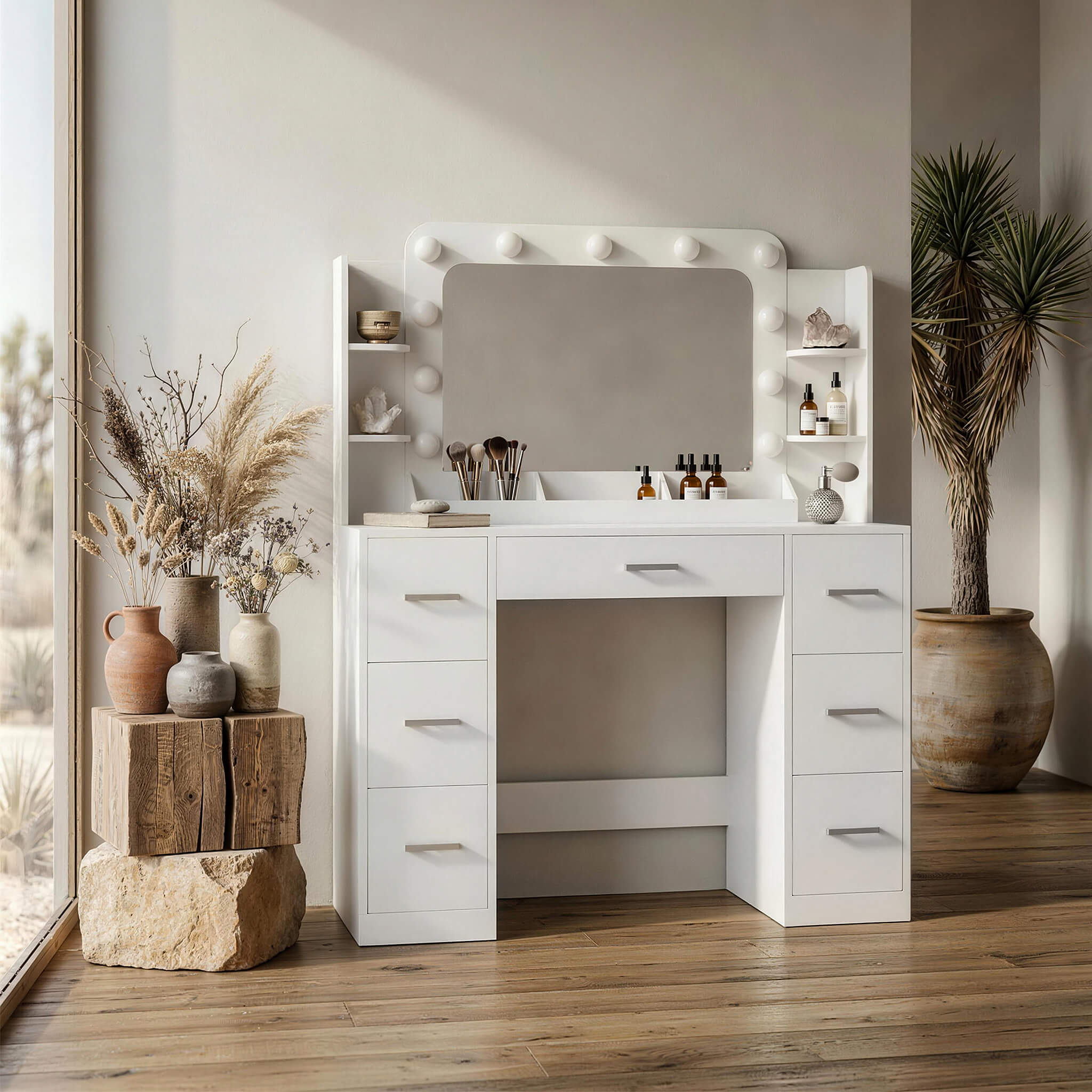 White Treevan Aura Plus Vanity set with Hollywood lights placed in a modern bedroom setting.