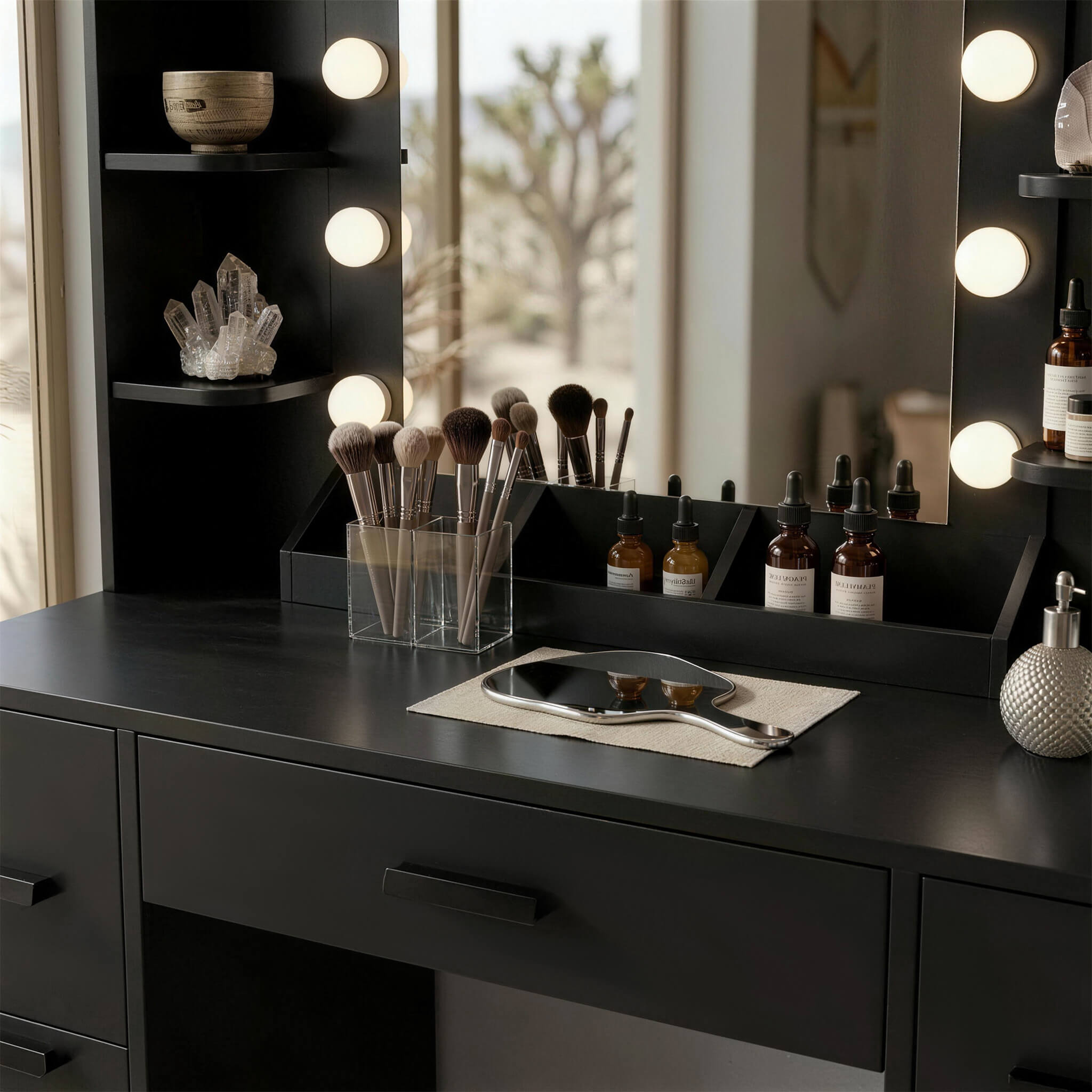 Black Treevan Aura Plus makeup desk showing open drawers and large storage capacity for beauty essentials.