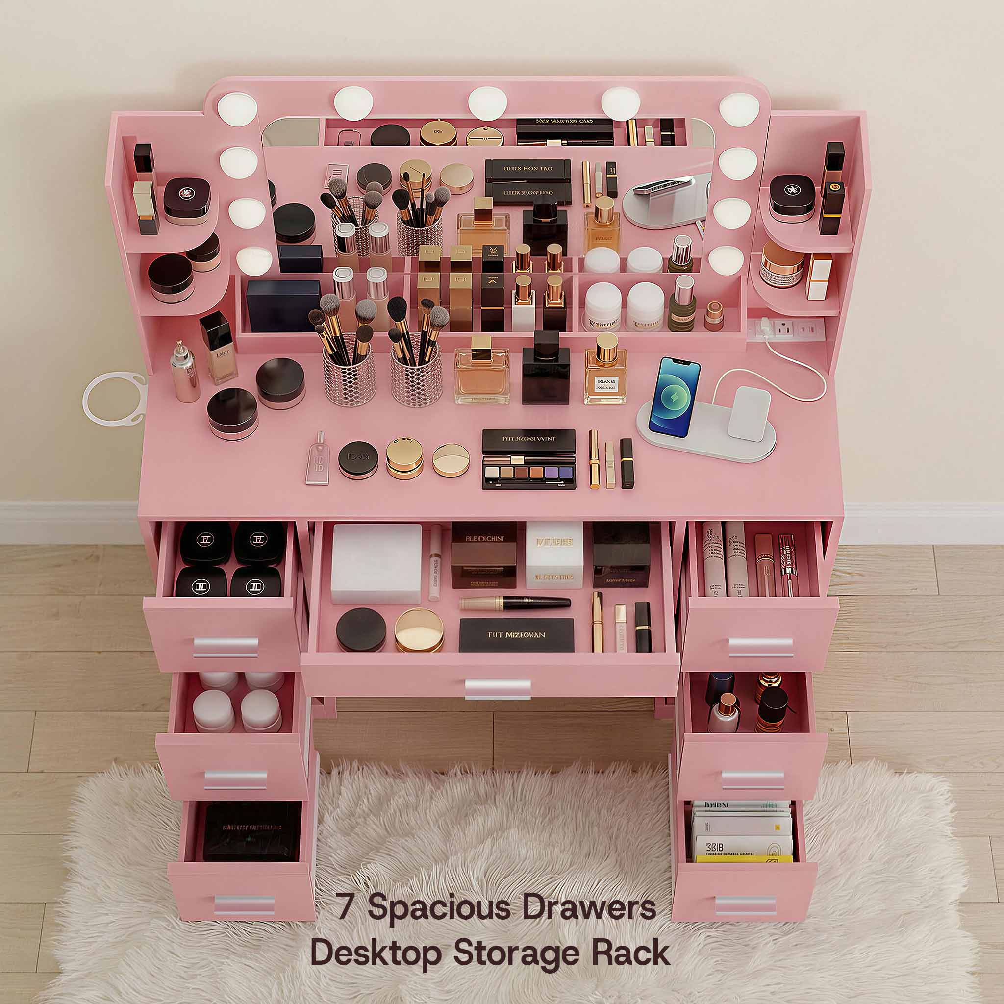Light Pink Treevan Aura Plus makeup desk showing open drawers and large storage capacity for beauty essentials.