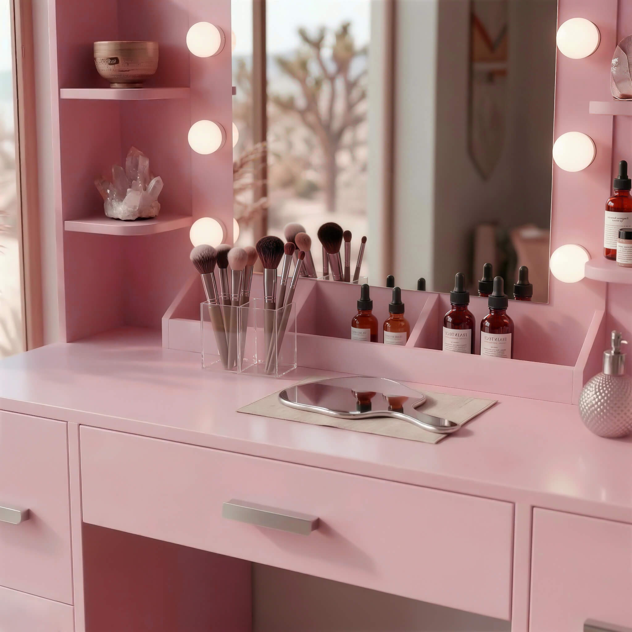 Light Pink Treevan Aura Plus makeup desk showing open drawers and large storage capacity for beauty essentials.