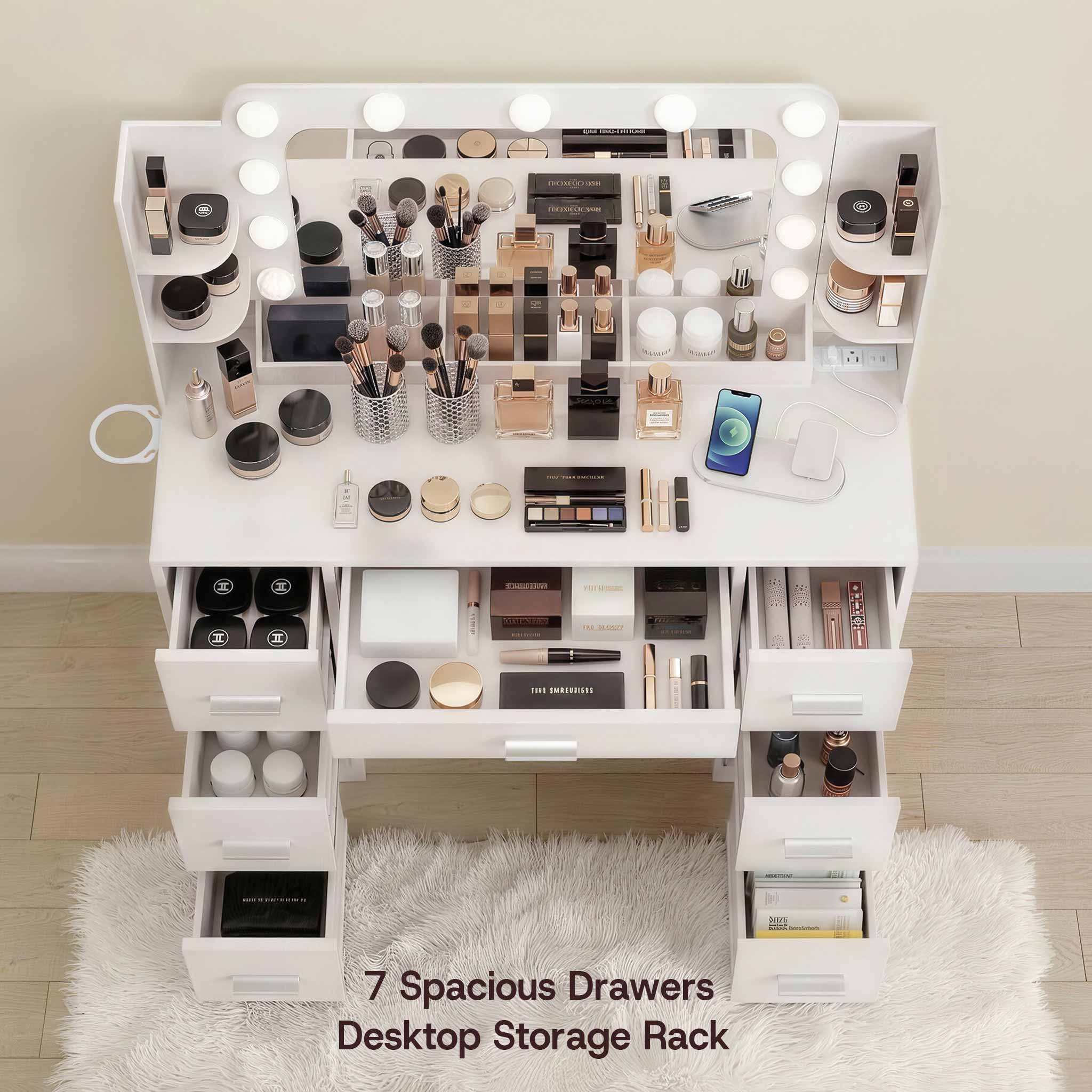 White Treevan Aura Plus makeup desk showing open drawers and large storage capacity for beauty essentials.