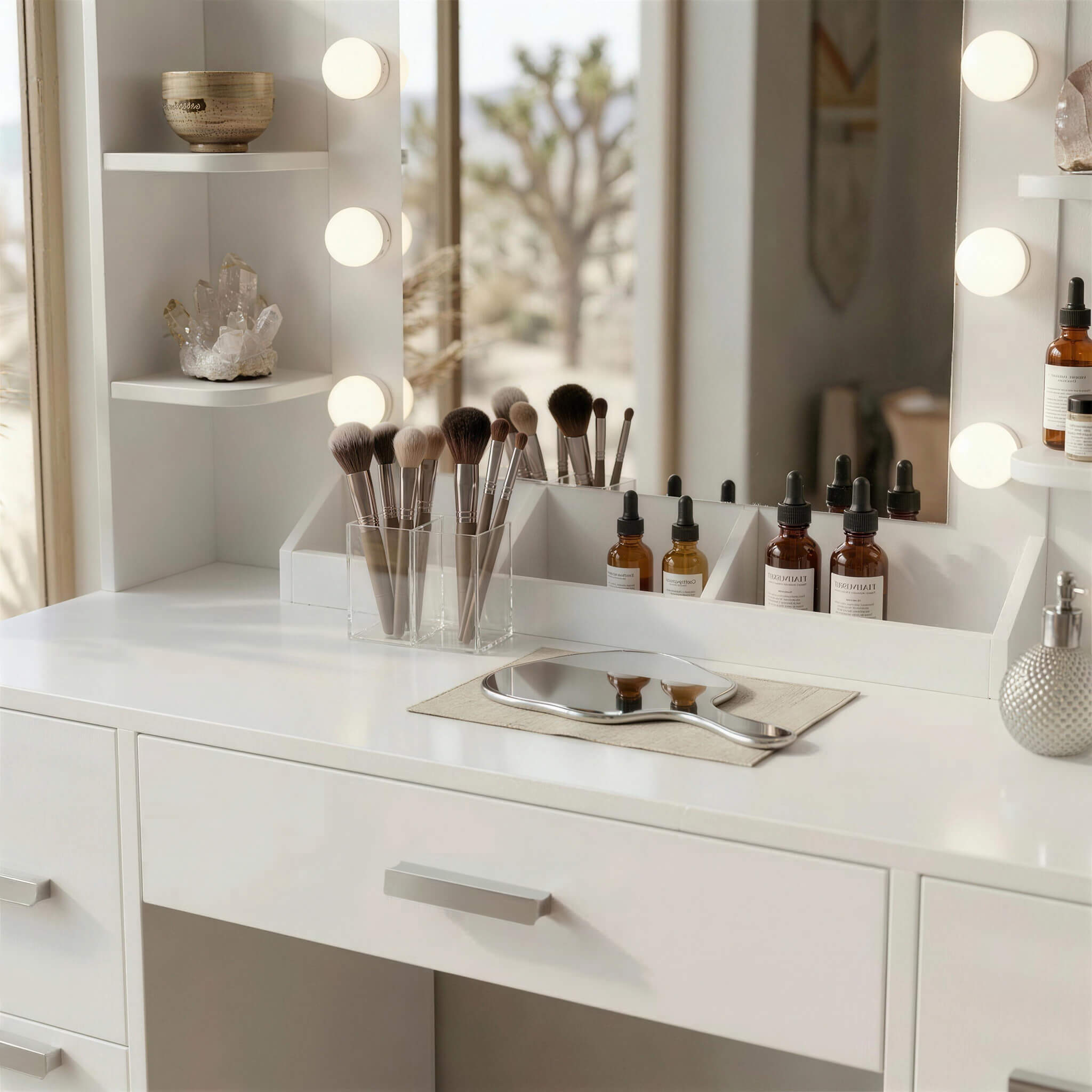 White Treevan Aura Plus makeup desk showing open drawers and large storage capacity for beauty essentials.
