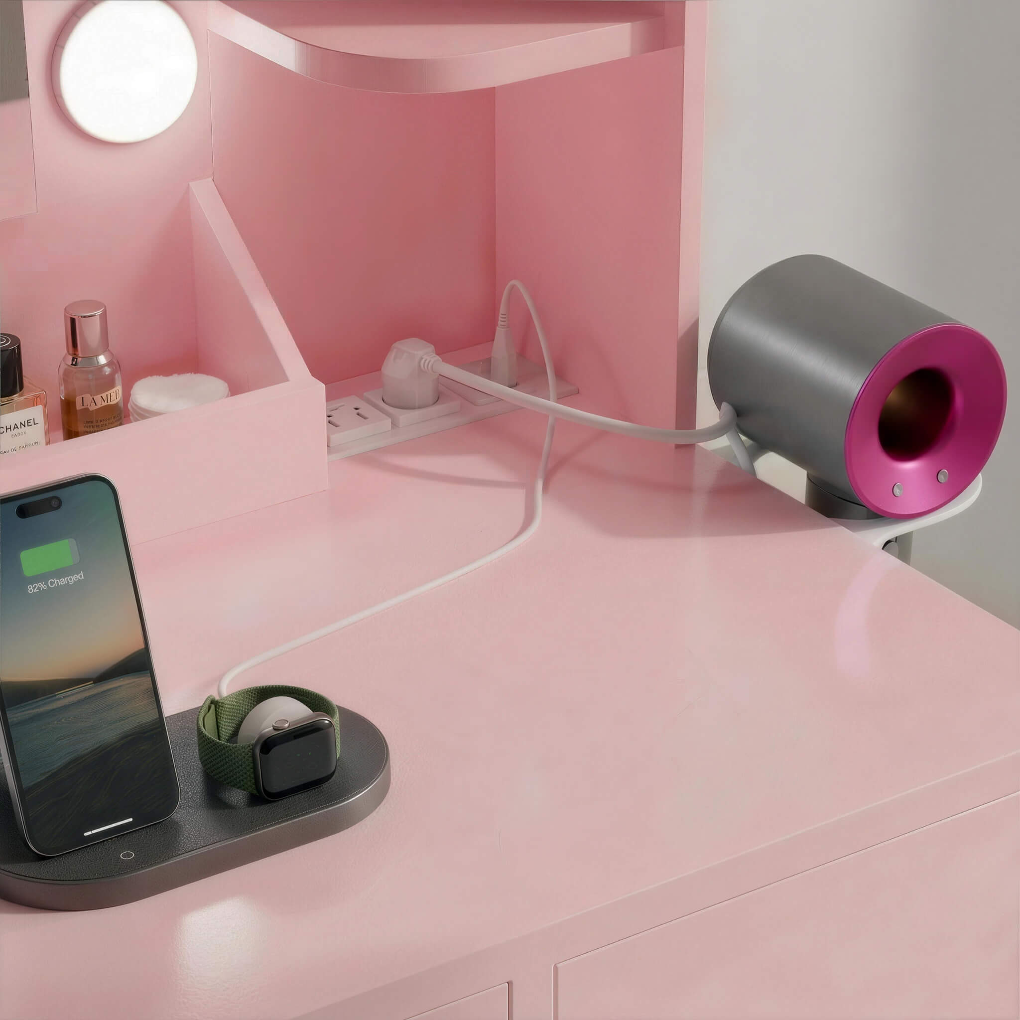 Woman styling hair at Light Pink Treevan Aura Plus Vanity featuring built-in power outlets and USB ports.
