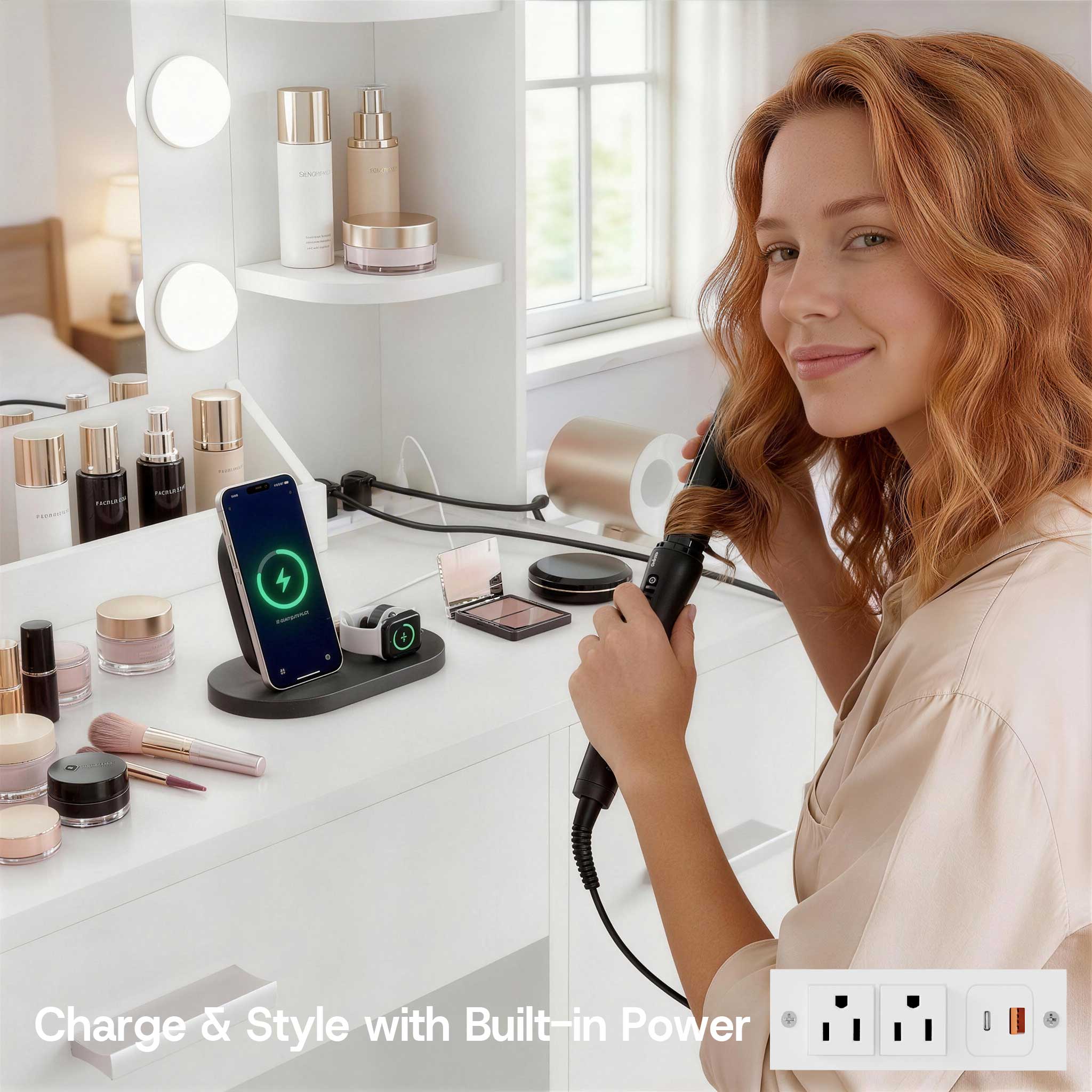 Woman styling hair at White Treevan Aura Plus Vanity featuring built-in power outlets and USB ports.