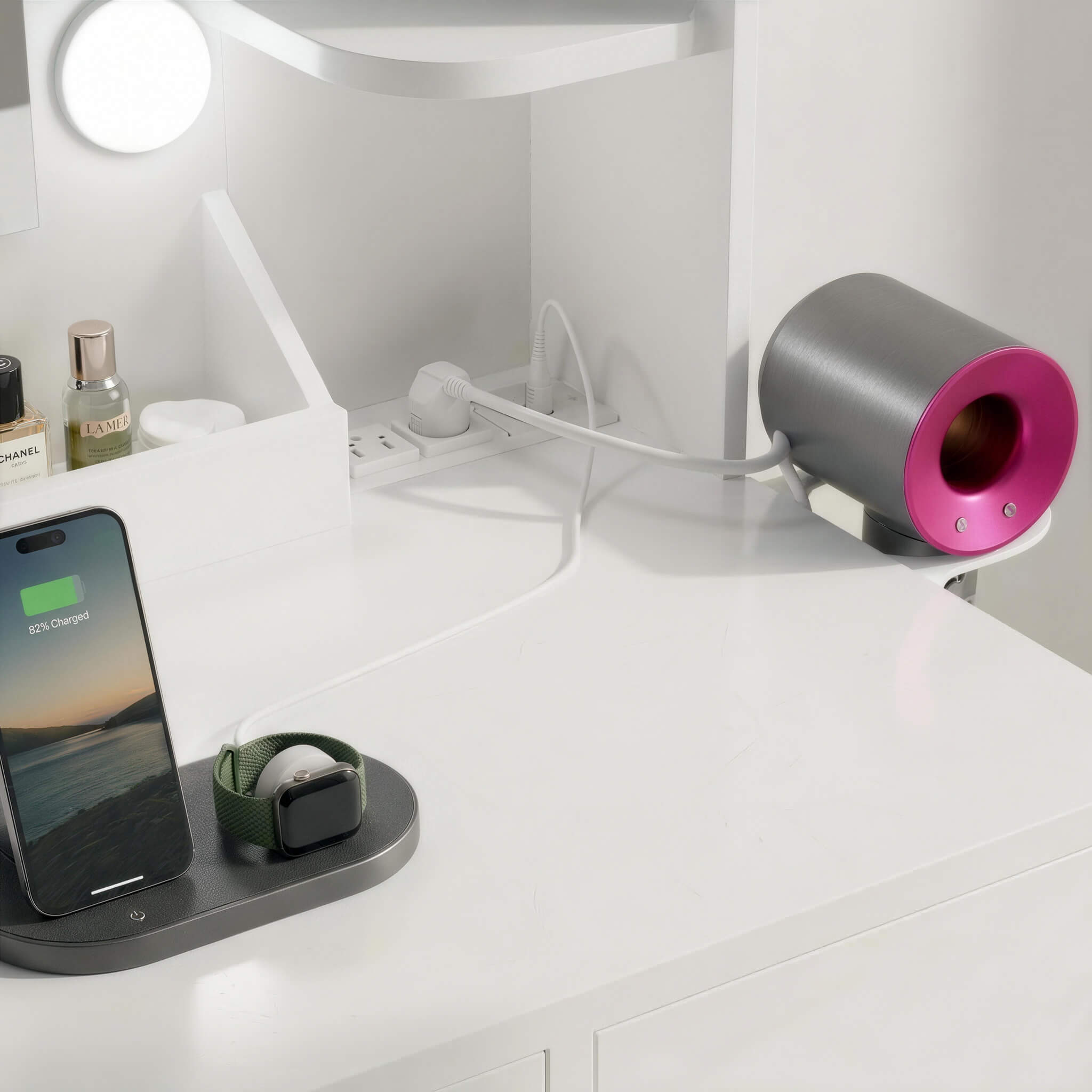 Woman styling hair at White Treevan Aura Plus Vanity featuring built-in power outlets and USB ports.