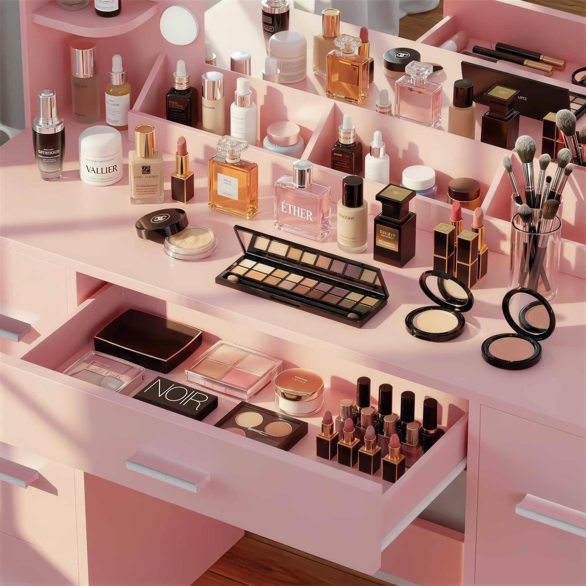Close-up of Light Pink Treevan Aura Plus Vanity desktop storage rack organized with perfumes and cosmetics.