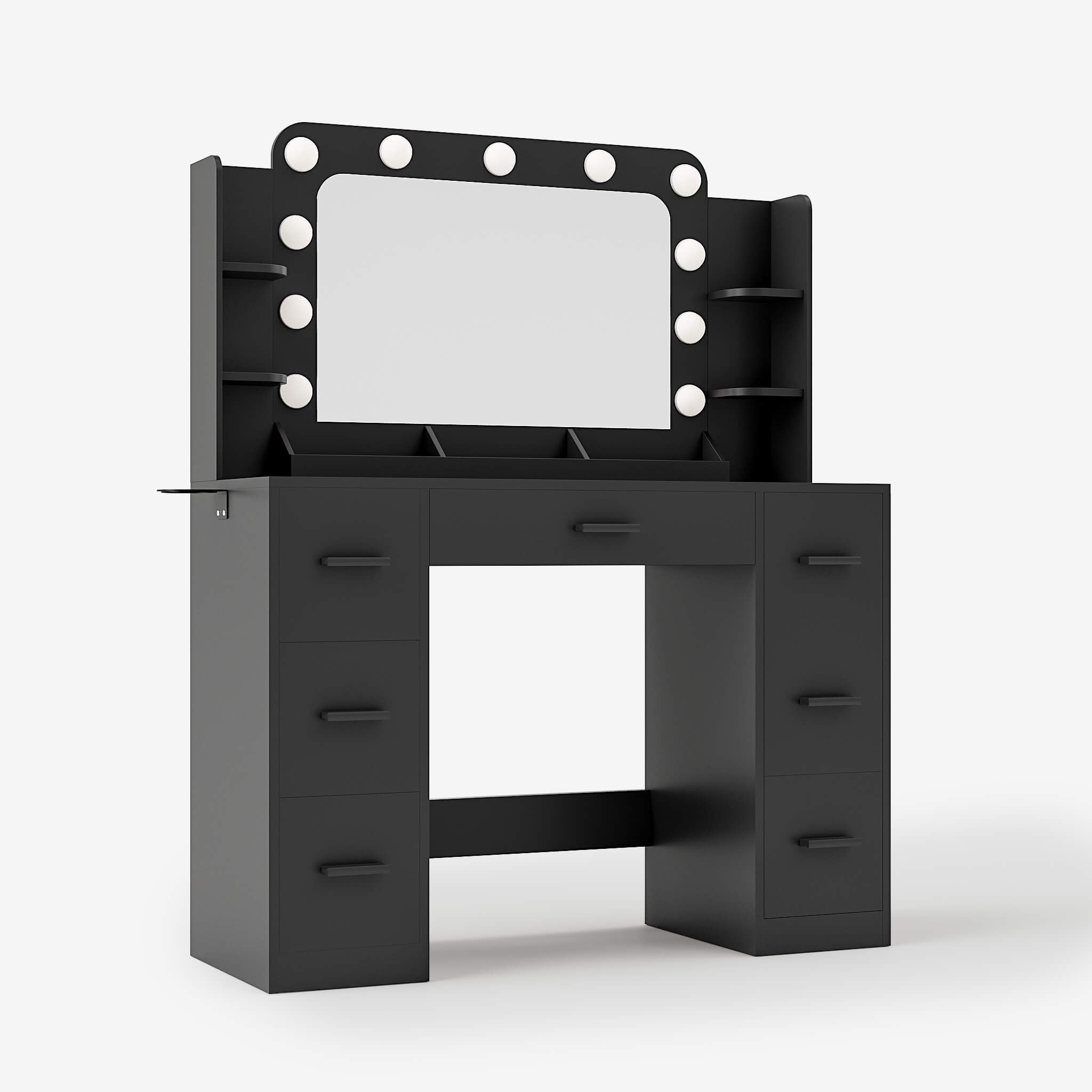 Black Treevan Aura Plus Vanity desk featuring 7 spacious drawers and a desktop storage rack for maximum organization.