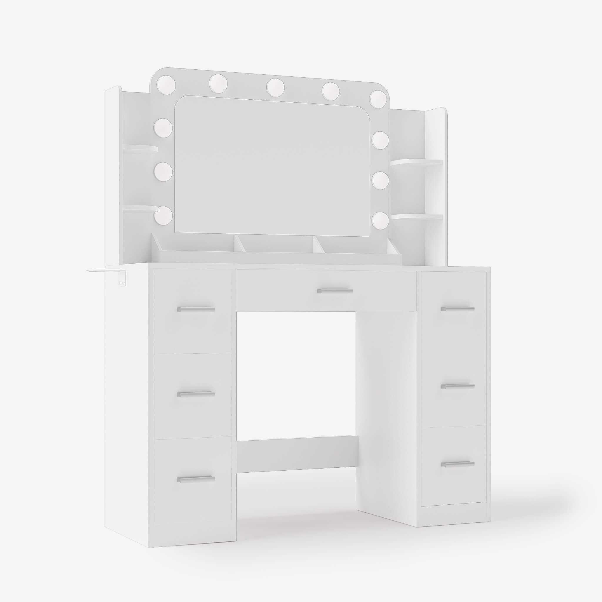 White Treevan Aura Plus Vanity desk featuring 7 spacious drawers and a desktop storage rack for maximum organization.