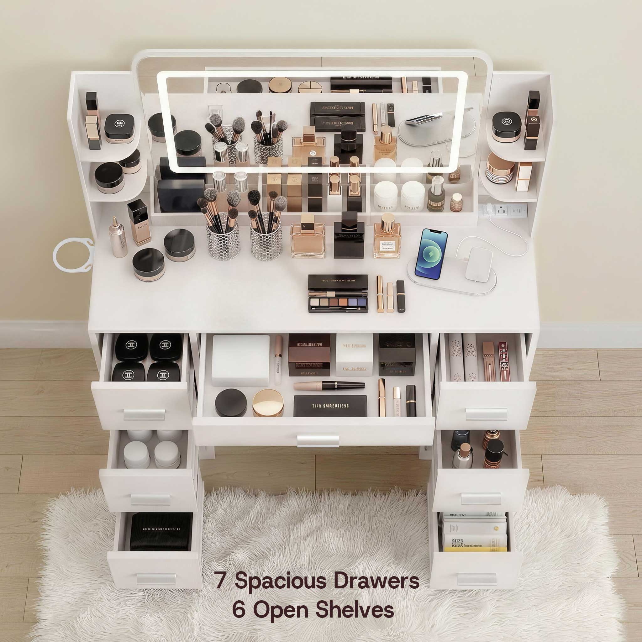 White Treevan Aura Studio makeup desk featuring 7 spacious drawers and a desktop organizer for large capacity.
