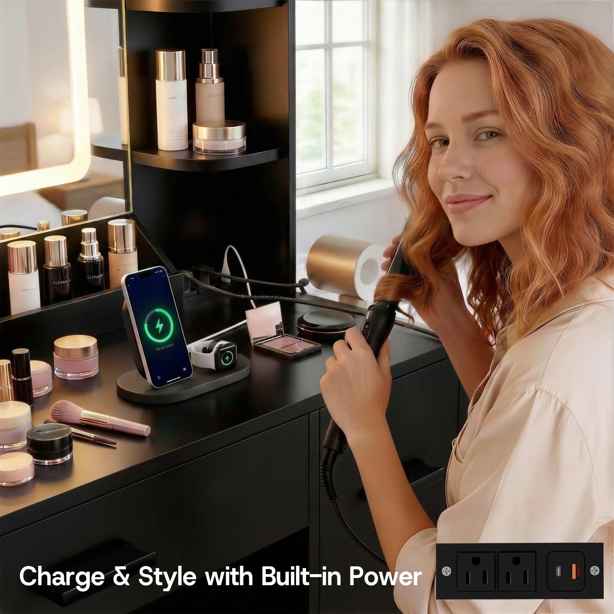 Woman styling hair at Black Treevan Aura Studio Vanity featuring built-in power outlets and USB ports.