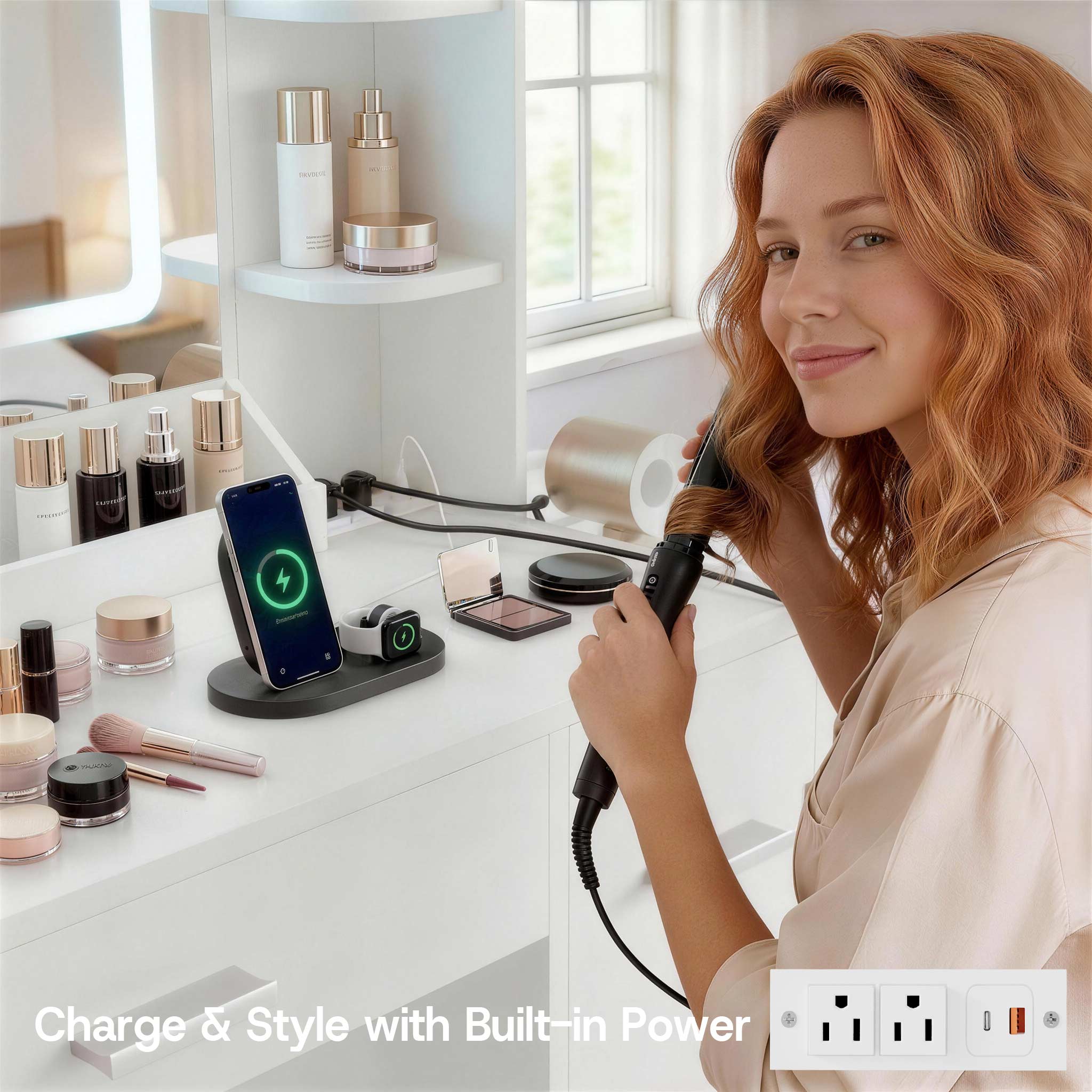 Woman styling hair at White Treevan Aura Studio Vanity featuring built-in power outlets and USB ports.