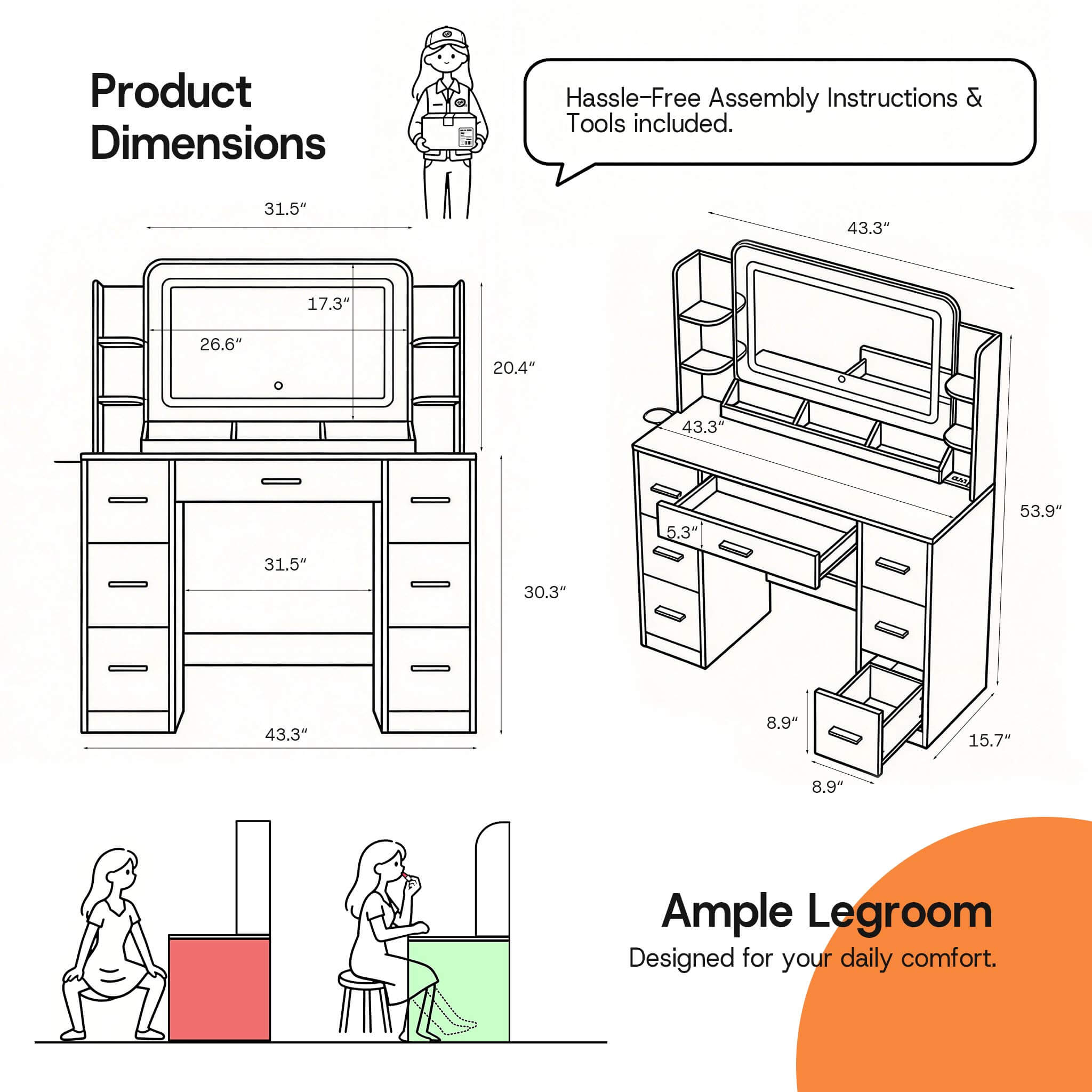 Product dimension diagram for White Treevan Aura Studio Vanity table showing 43.3 inch width and legroom.