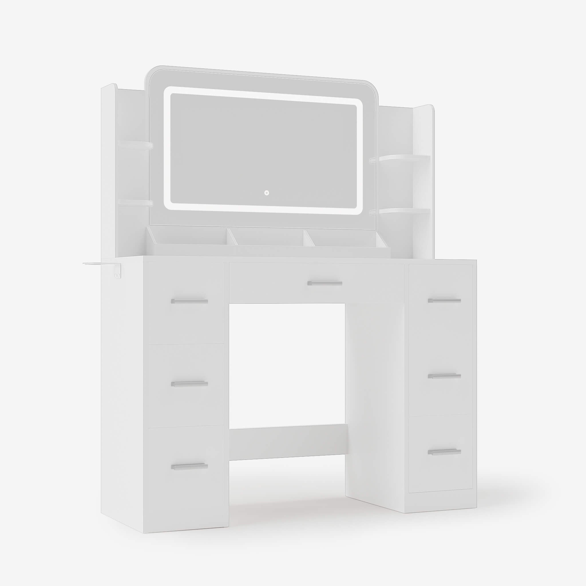 White Treevan Aura Studio Vanity desk featuring a smart touch LED strip mirror and desktop storage rack.