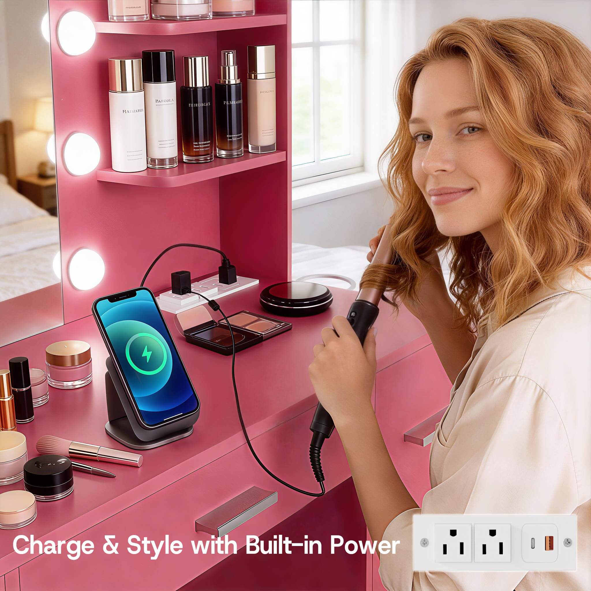Woman styling hair at Rose Pink Treevan Aura Vanity desk featuring a built-in power strip and wireless charging station.