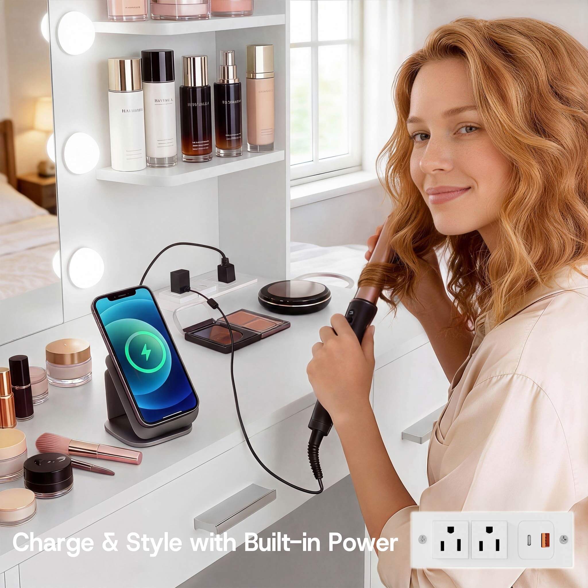 Woman styling hair at White Treevan vanity desk featuring a built-in power strip and wireless charging station.