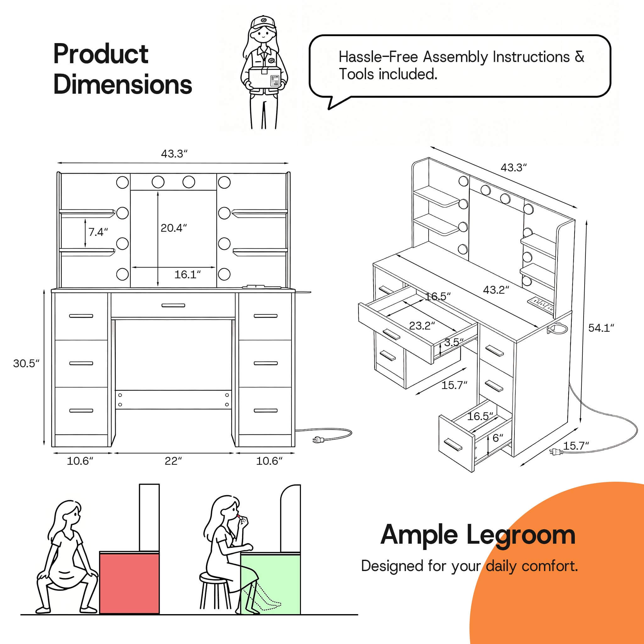 Product dimension diagram for Black Treevan Aura Vanity table showing height, width, and ample legroom.