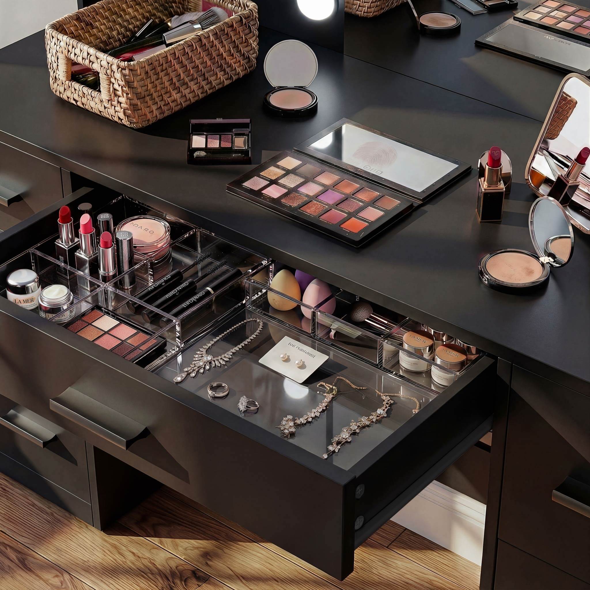 Close-up view of Black Treevan Aura Vanity drawer storage space organized with beauty tools.