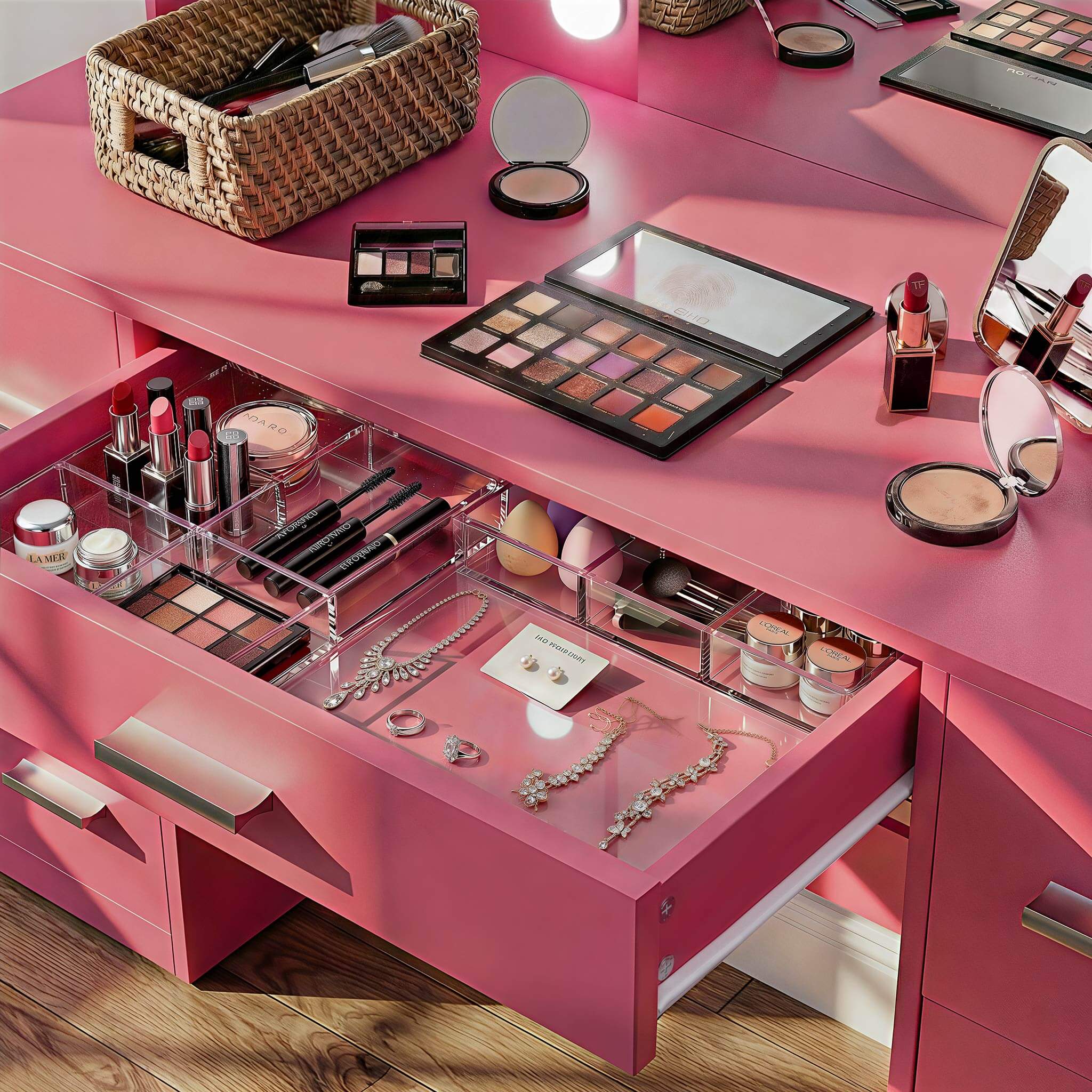 Close-up view of Rose Pink Treevan Aura Vanity drawer storage space organized with beauty tools.