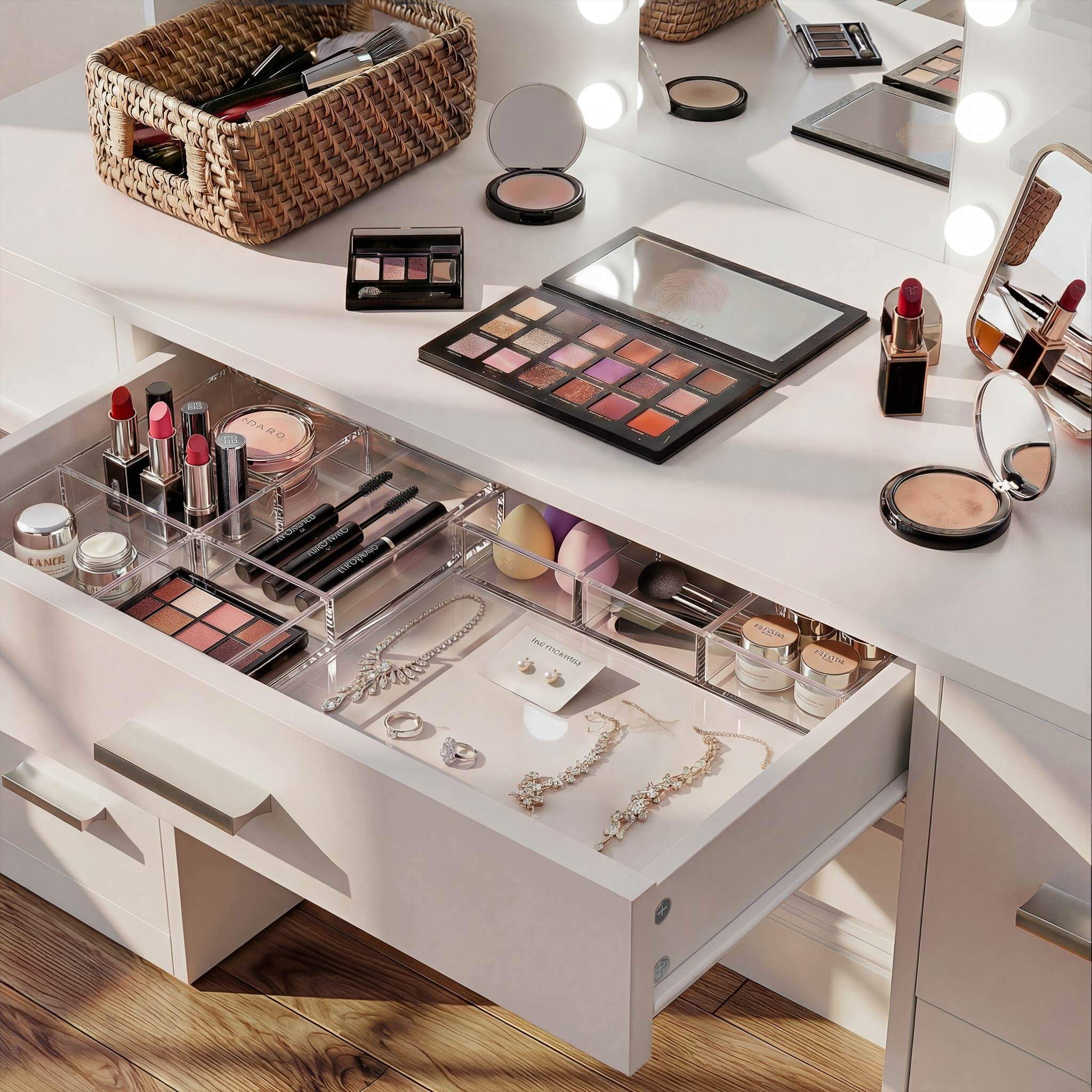 Close-up view of White Treevan vanity drawer storage space organized with beauty tools.