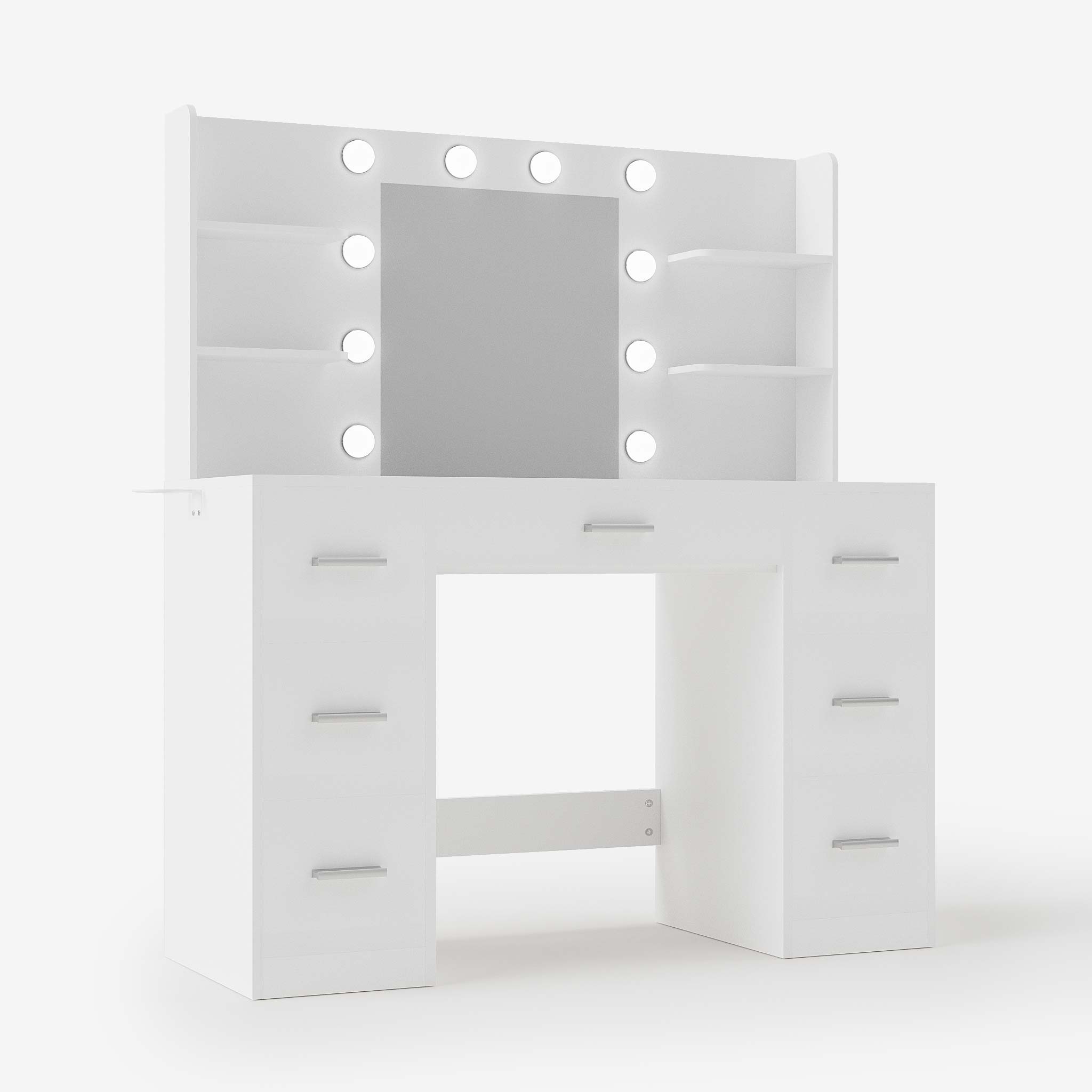 White Treevan makeup vanity table featuring a large mirror with Hollywood-style bulbs and multiple storage shelves.