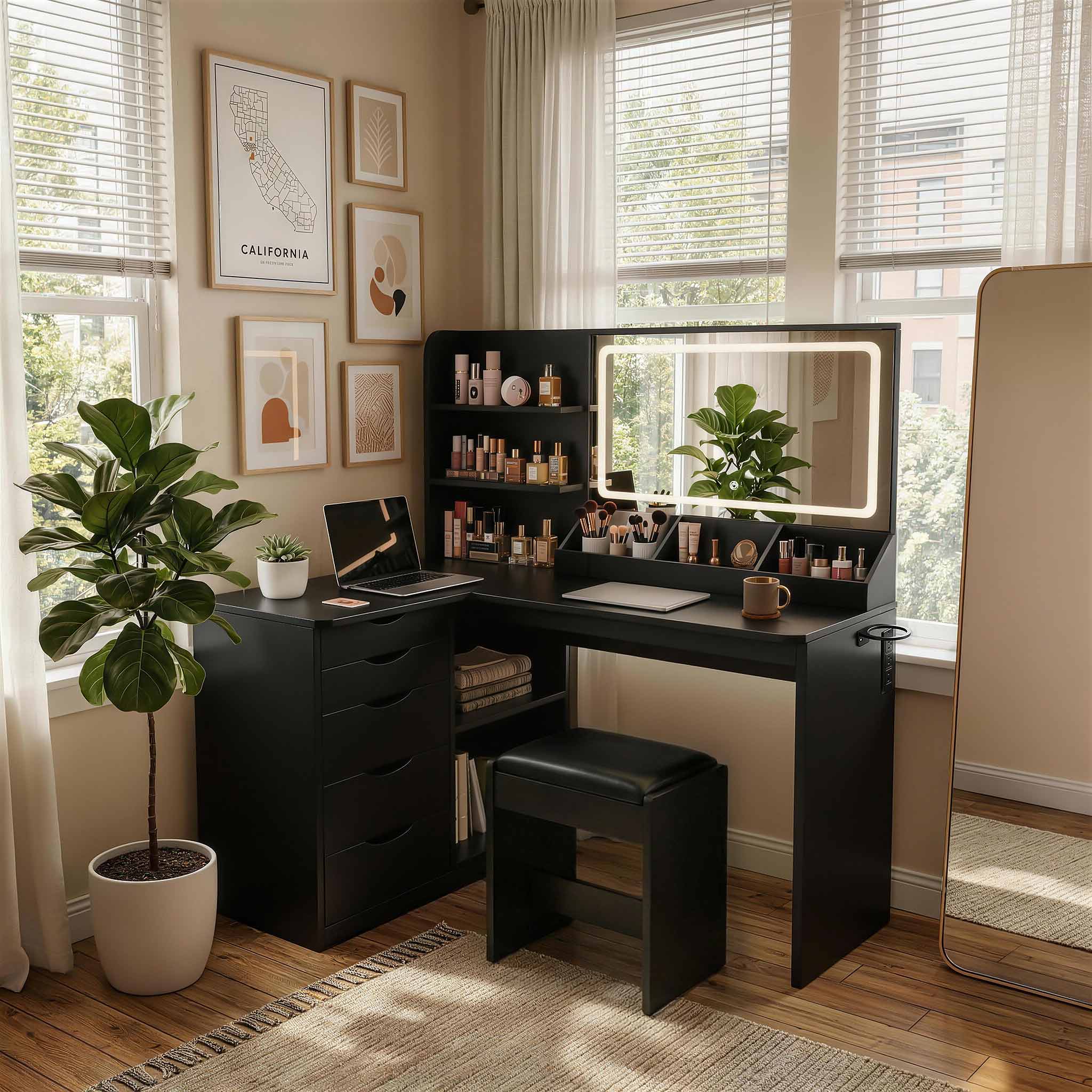 Black Treevan Corner Studio makeup vanity set placed in a bedroom corner to maximize space.