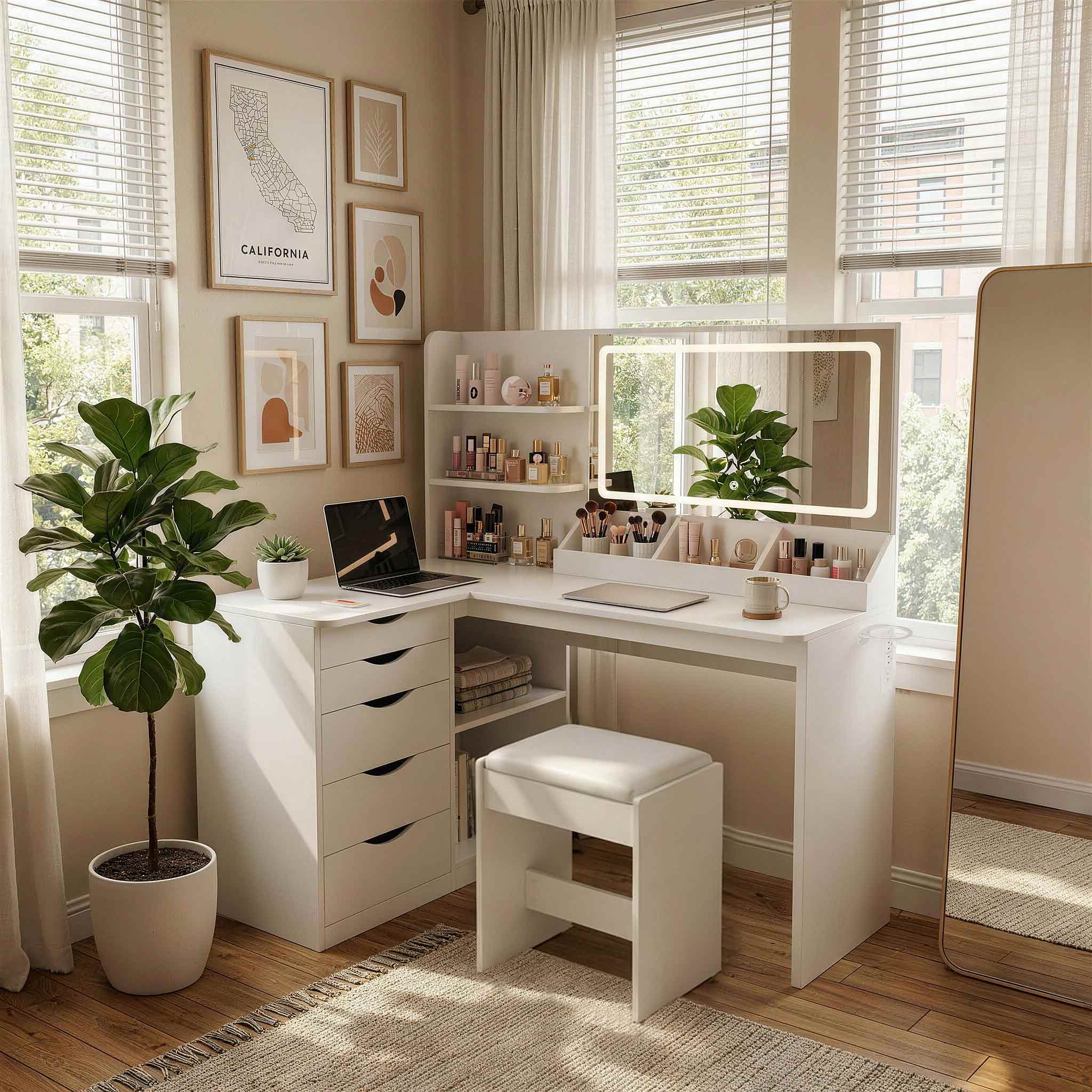 White Treevan Corner Studio makeup vanity set placed in a bedroom corner to maximize space.