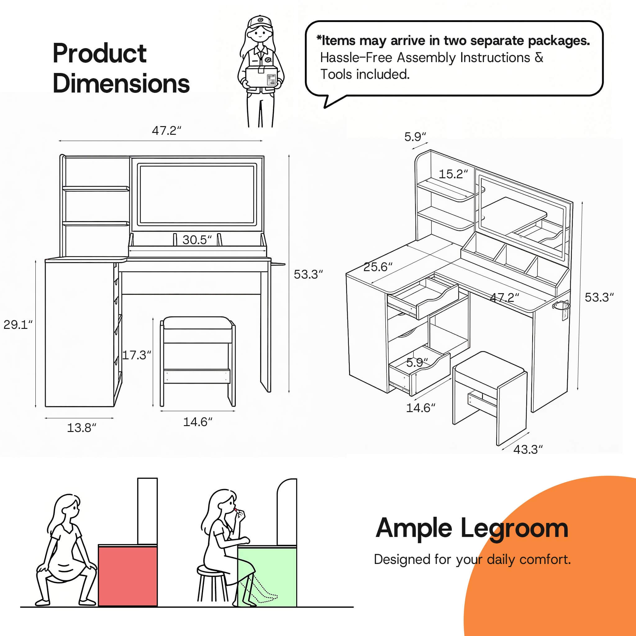 Product dimension diagram for Black Treevan Corner Studio vanity table showing L-shaped layout and size.