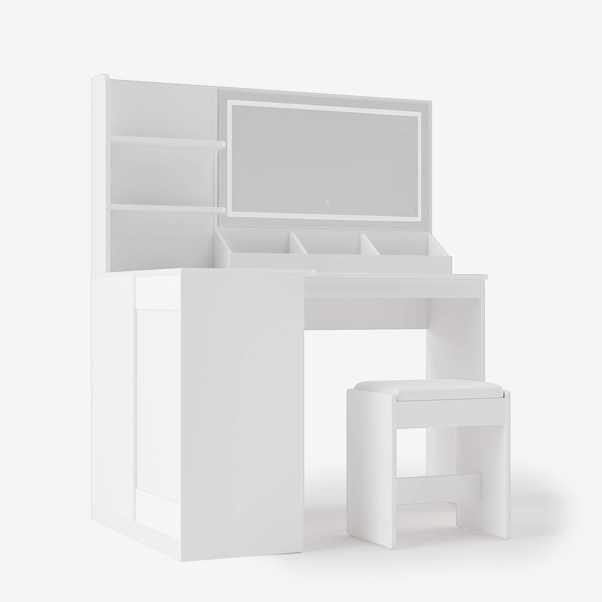 White Treevan Corner Studio L-shaped vanity desk featuring a smart LED mirror and space-saving design.