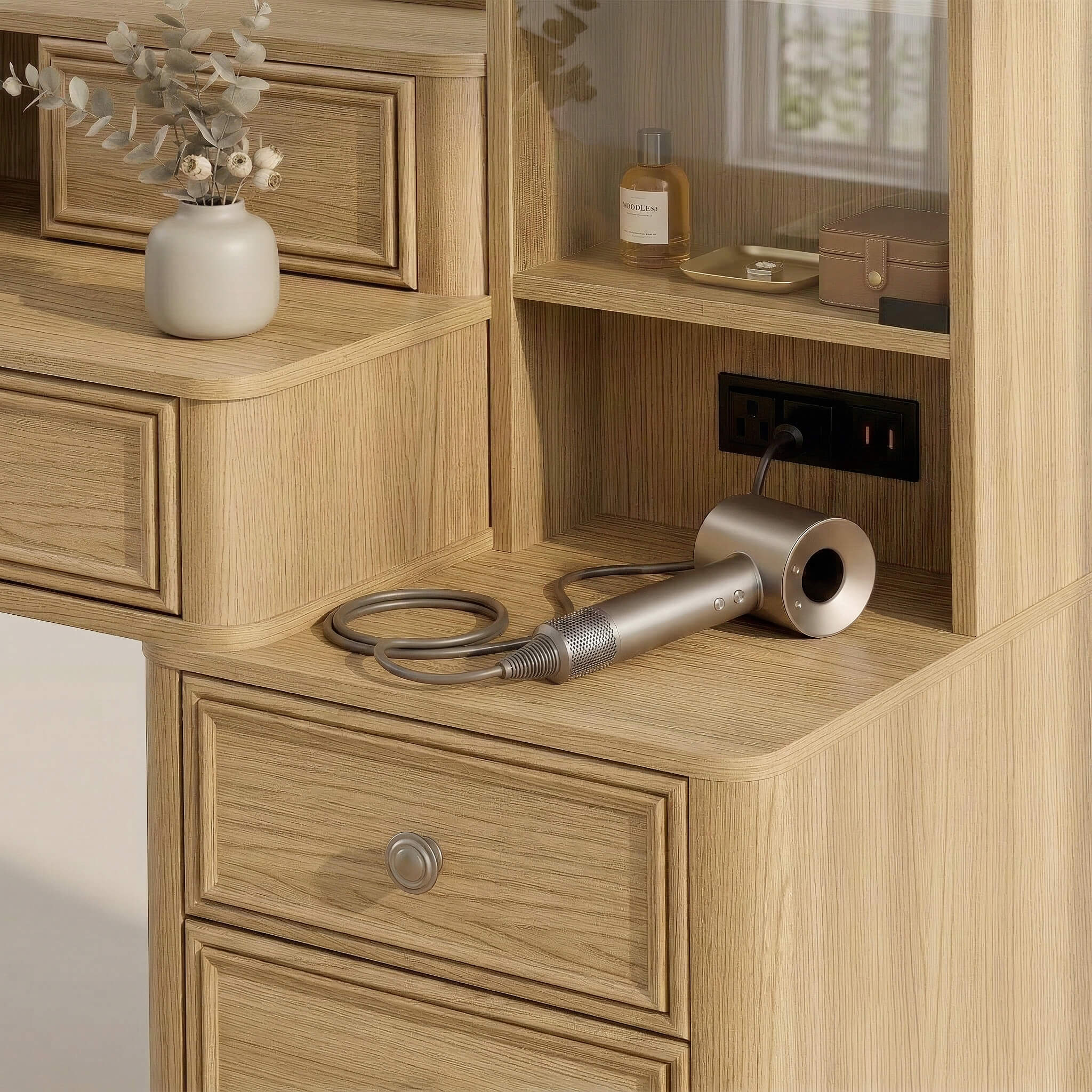 Built-in power strip with AC outlets and USB ports on the Oak Treevan Gallery Grand vanity desk for easy styling.