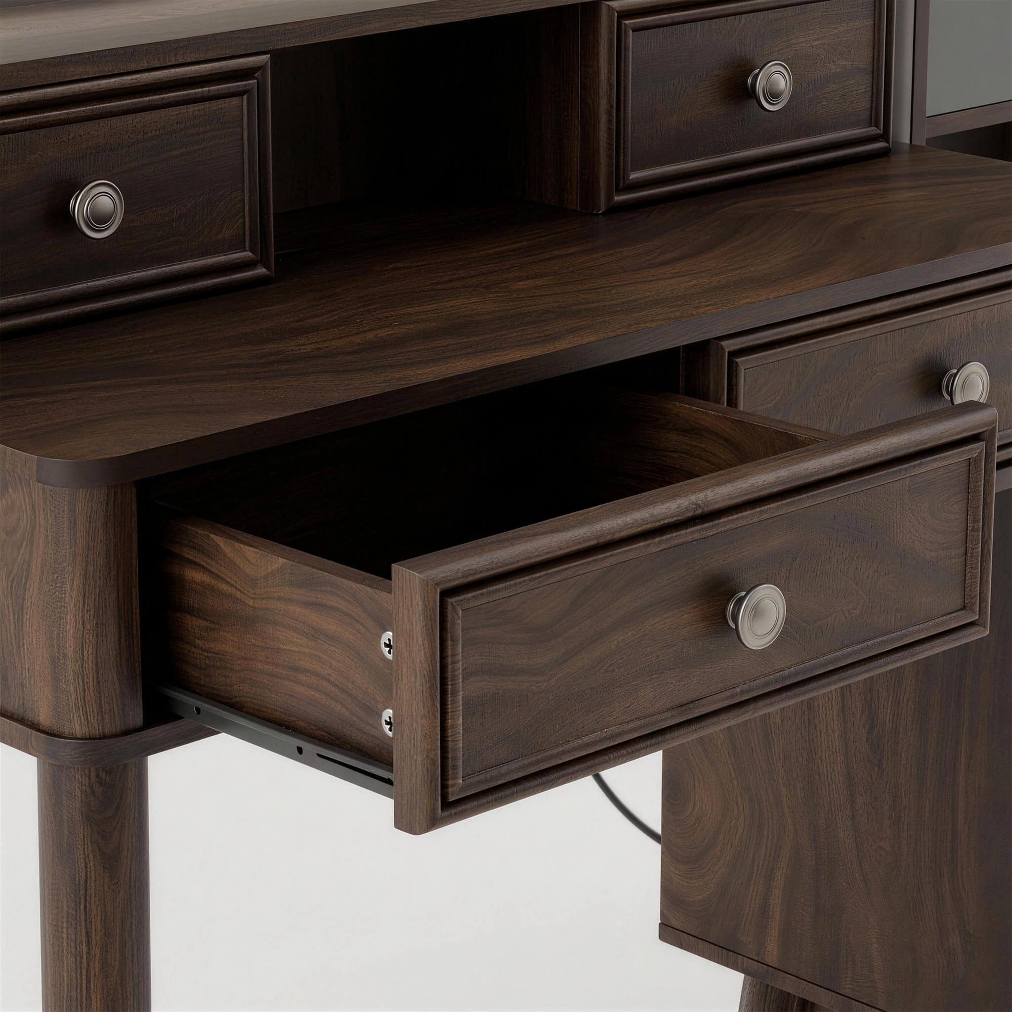 Open drawer of the Walnut Treevan Gallery Grand vanity showcasing smooth glides and spacious wood-textured storage.