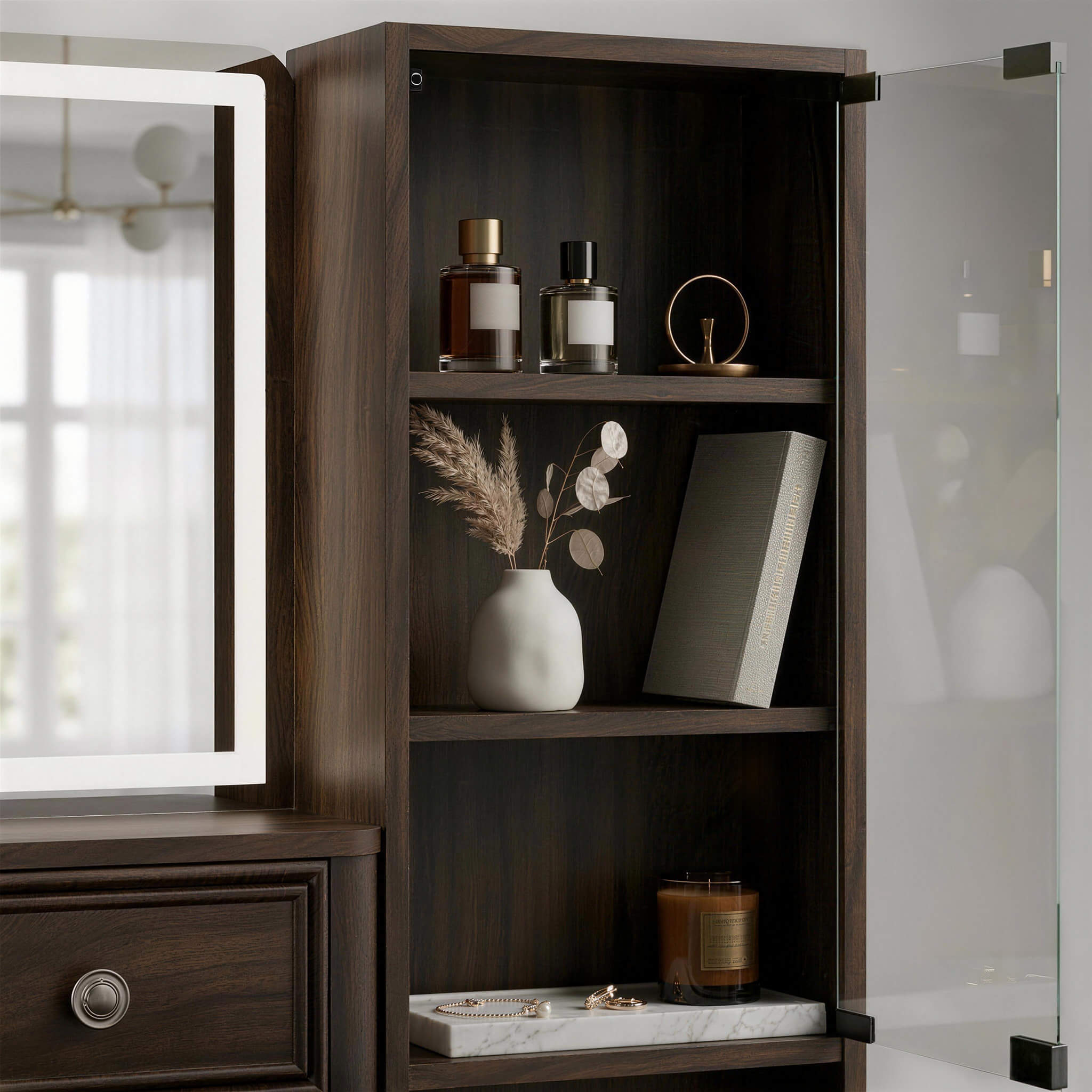 Close-up interior view of the Walnut Treevan Gallery Grand vanity display cabinet featuring a premium tempered glass door and spacious shelves organized with perfumes and decor.