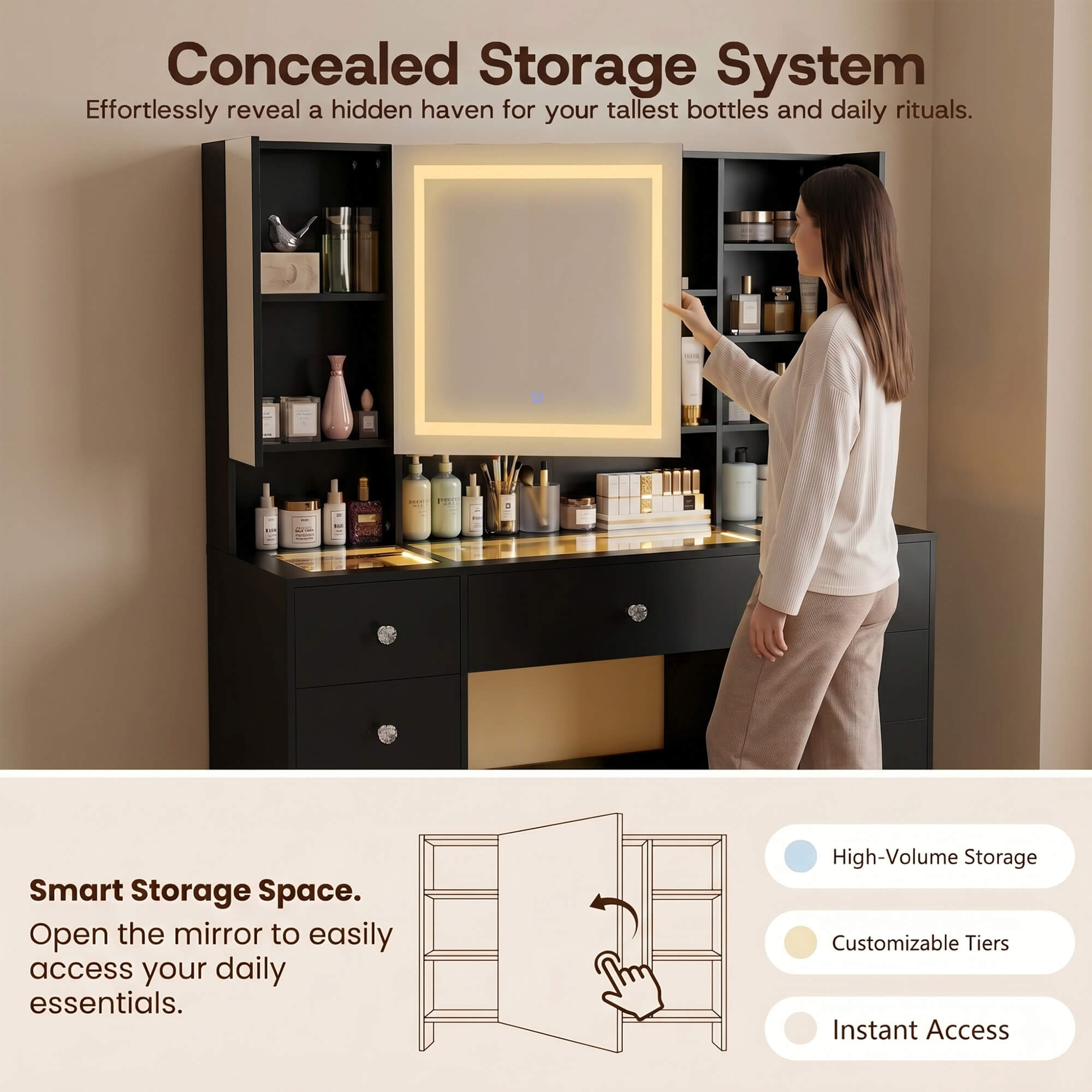 Woman opening the sliding mirror of the Black Treevan Gallery Vanity to reveal a concealed high-volume storage system.