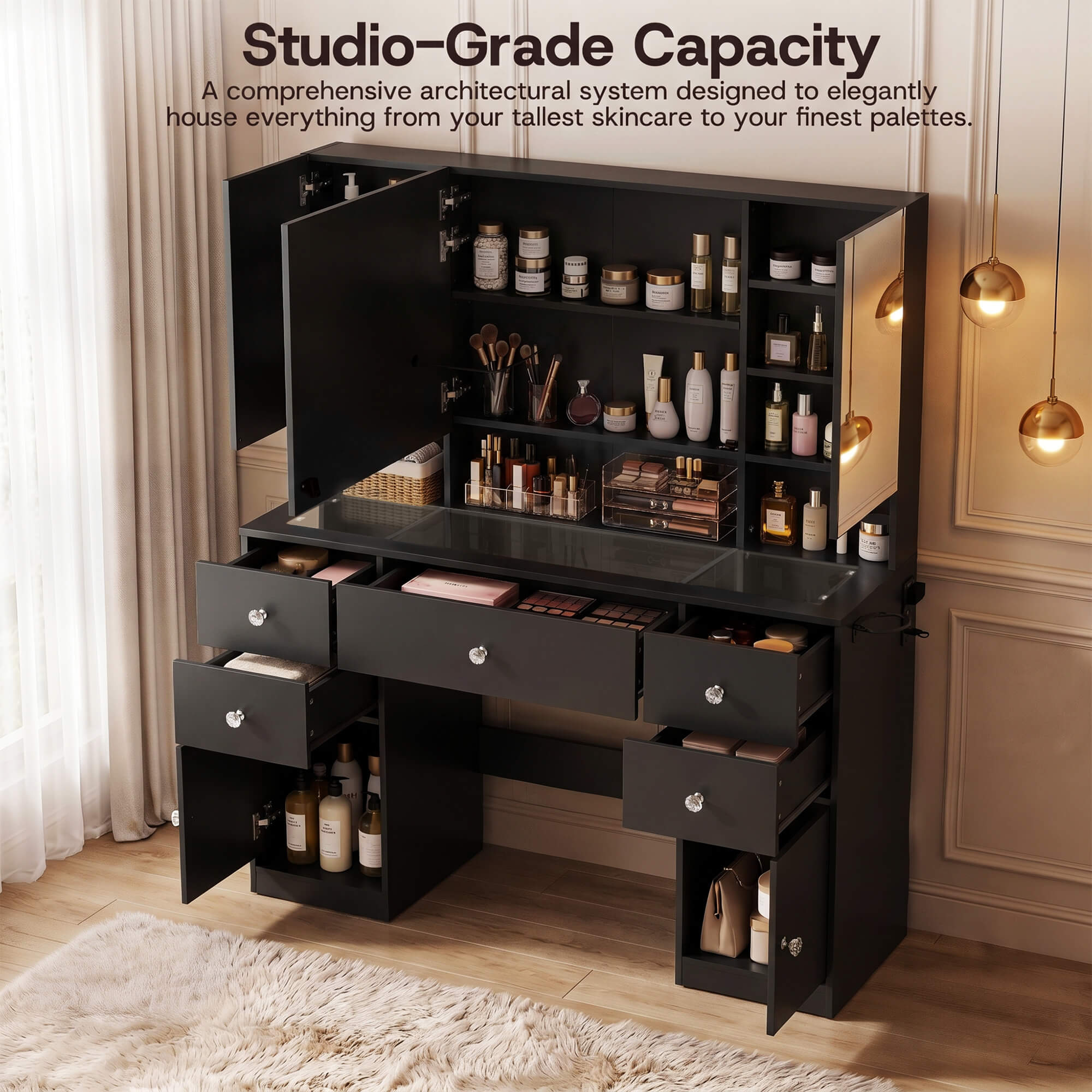 Detailed view of the Black Treevan Gallery Vanity showing crystal-clear glass desktop organization and a tall bottom storage cabinet.