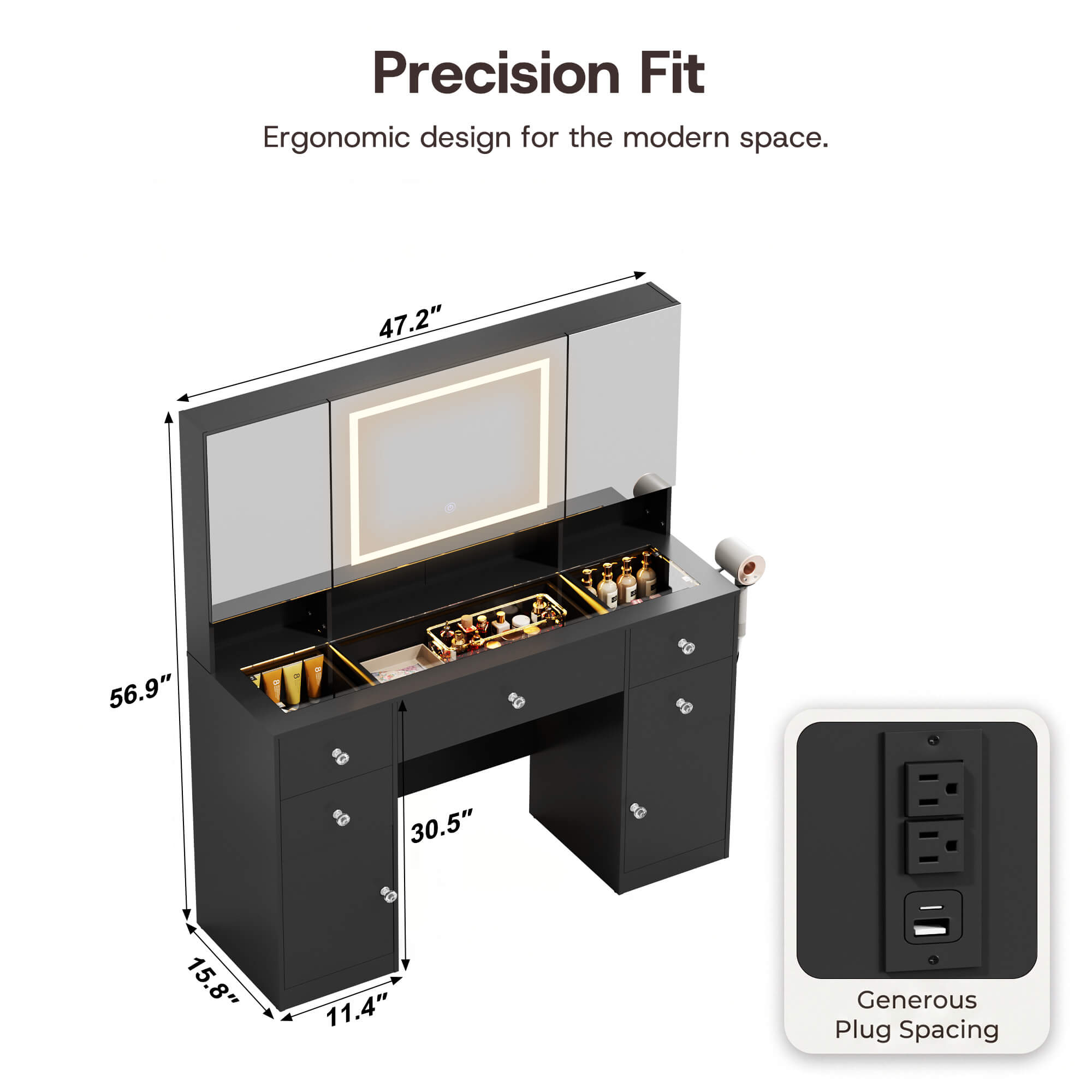 Product dimension diagram for the Black Treevan Gallery Vanity desk showing 47.2 inch width and ergonomic design.