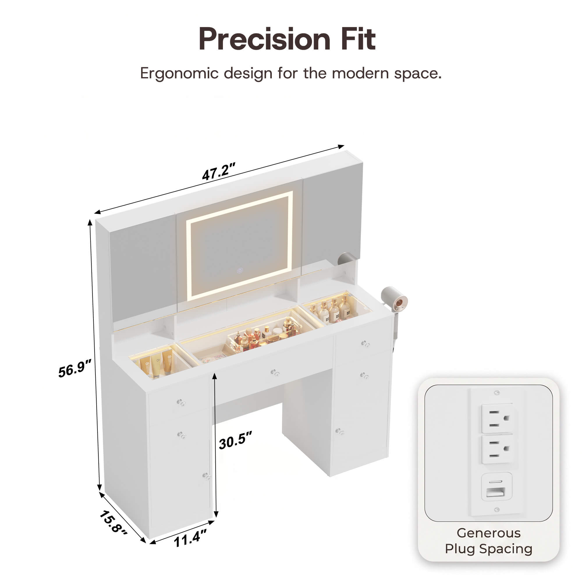Product dimension diagram for the White Treevan Gallery Vanity desk showing 47.2 inch width and ergonomic design.