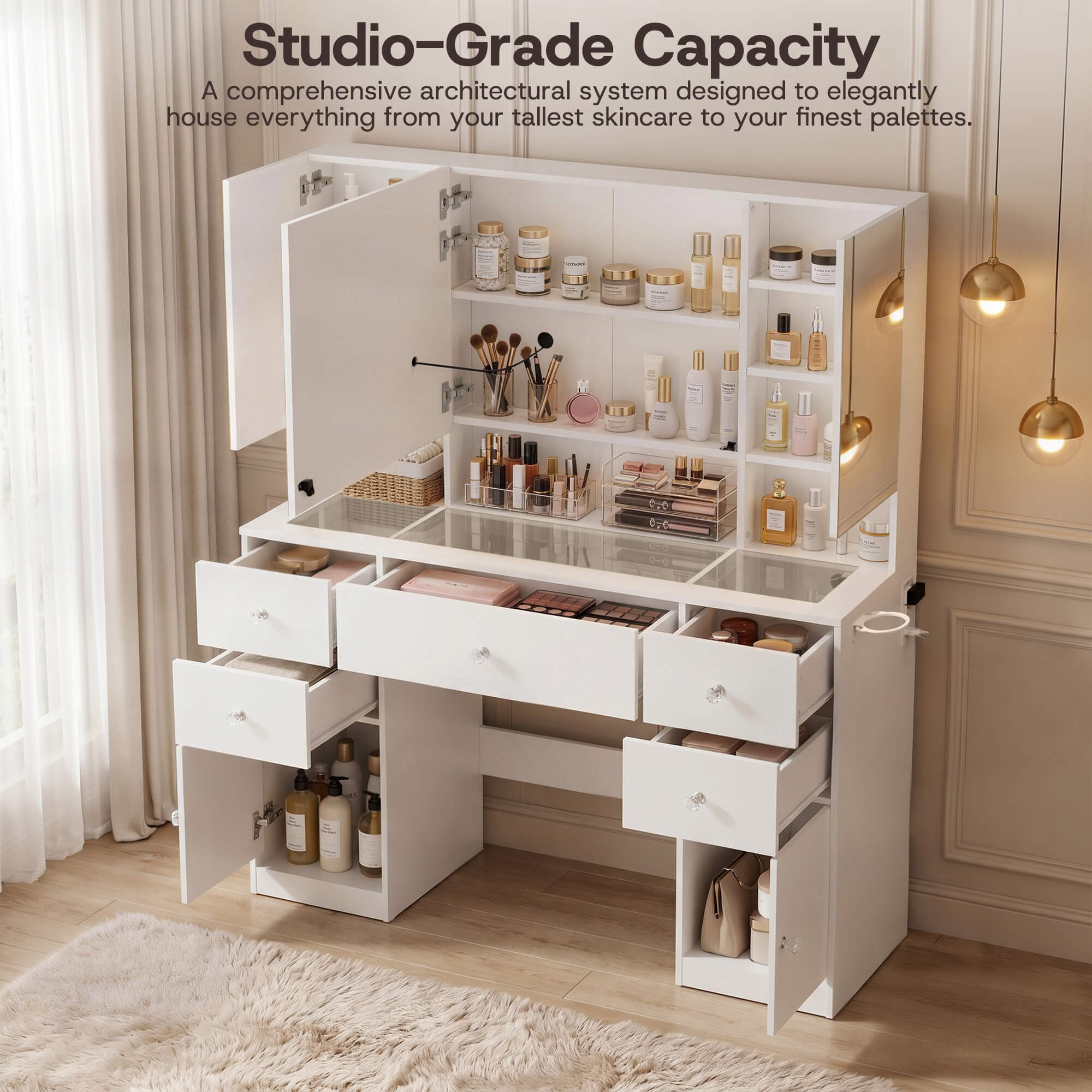 Detailed view of the White Treevan Gallery Vanity showing crystal-clear glass desktop organization and a tall bottom storage cabinet.