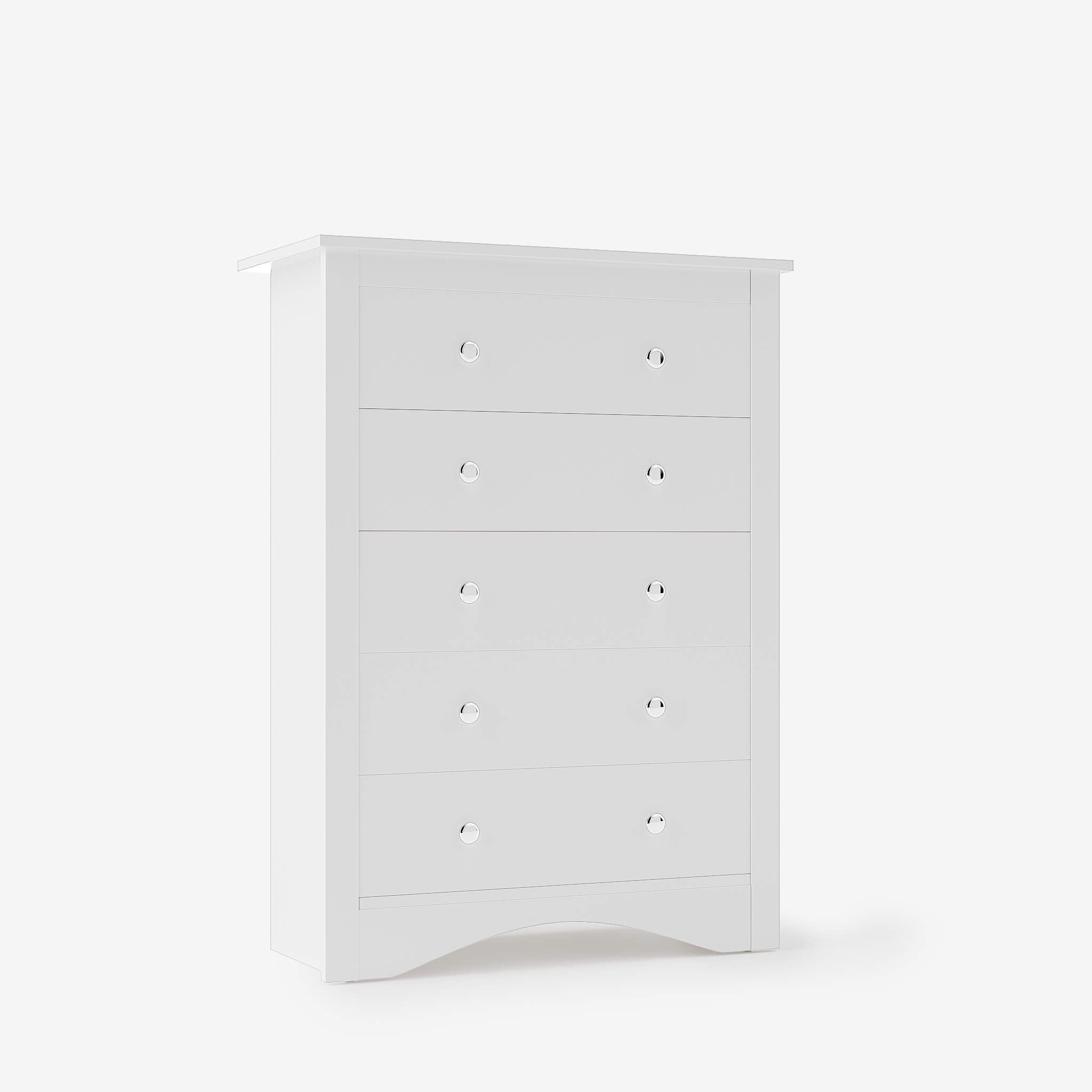 White Treevan Hestia 5-drawer tall chest dresser featuring a classic design and spacious storage, isolated on a white background.#color_white