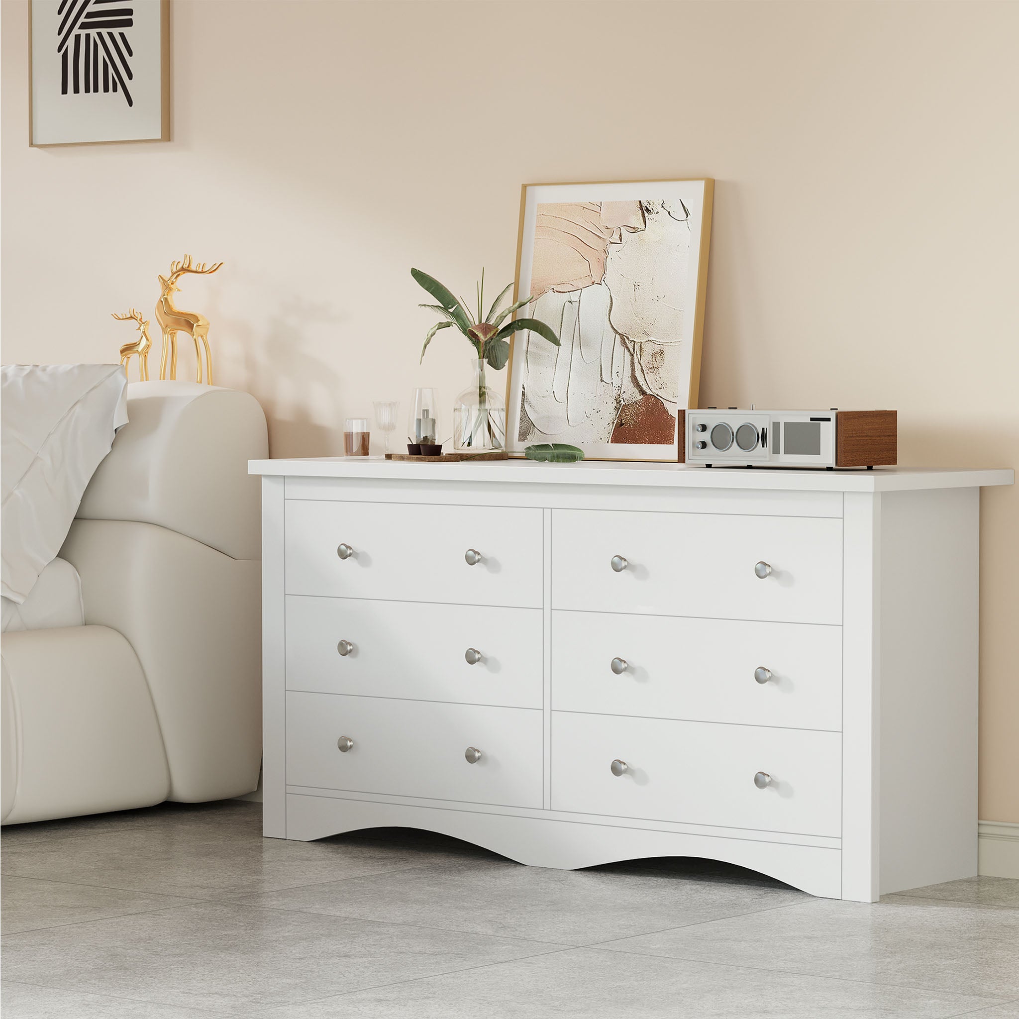White Treevan Hestia 6-drawer double dresser styled in a cozy living room space with modern decor.